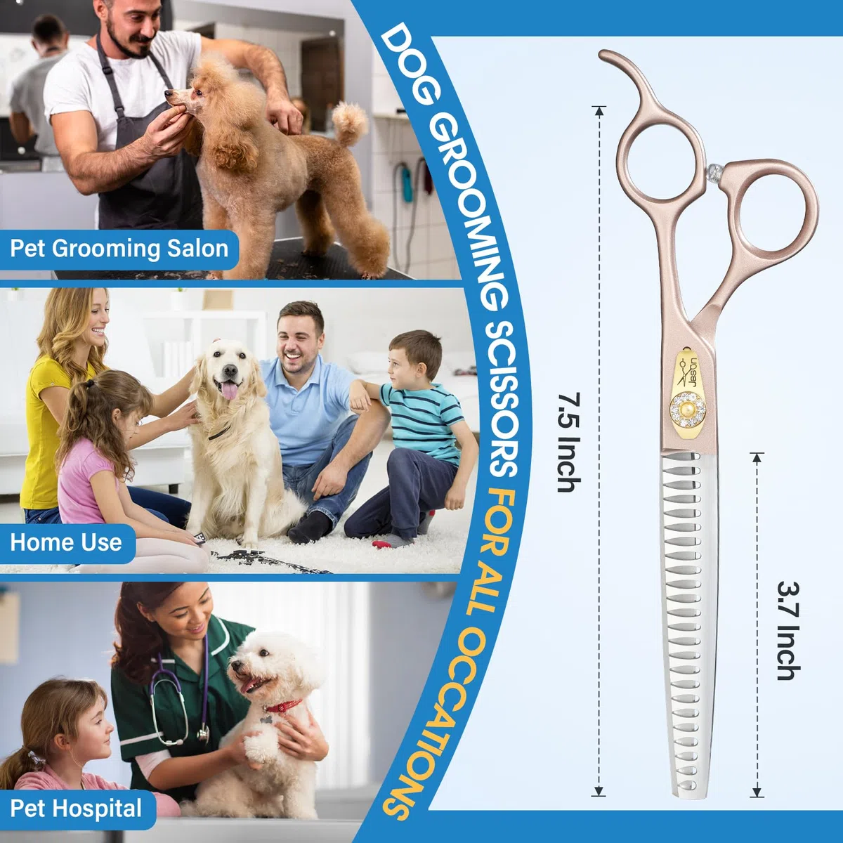 JASON Profi Hundeschere - 7,5 Zoll 24 Zähne Chunker Schere Effilierschere für Hunde aus japanischem 440C-Edelstahl Fellschere für Hunde mit ergonomishcen Griff, Roségold