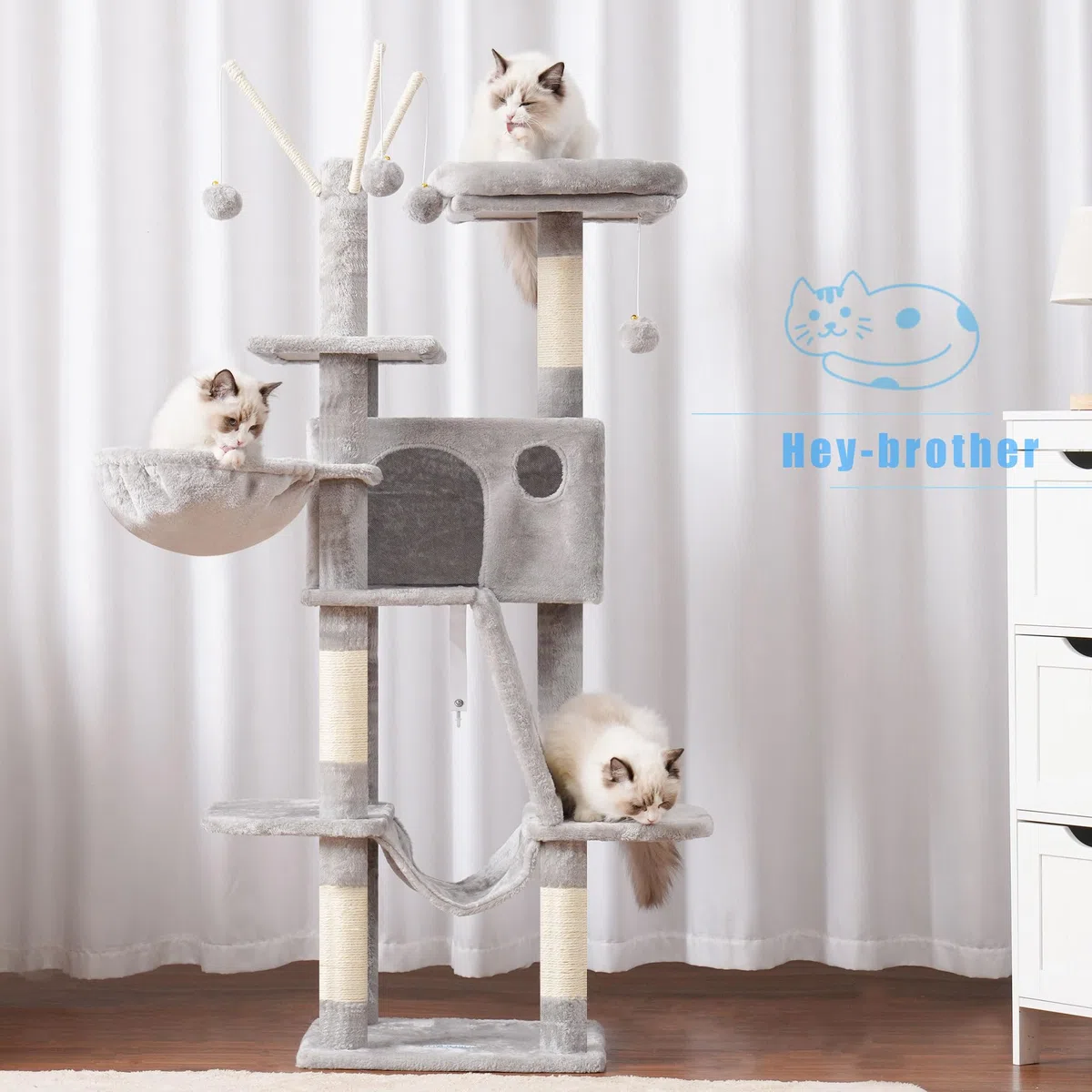 Hey-Brother Kratzbaum, 135 cm Indoor Katzenbaum, Mit gepolsterter Plattform Bett, Spielzeug Ball, Höhlen, Hängematte und Sisal Kratzbaum Katzenhaus, Hellgrau MPJ019-SW