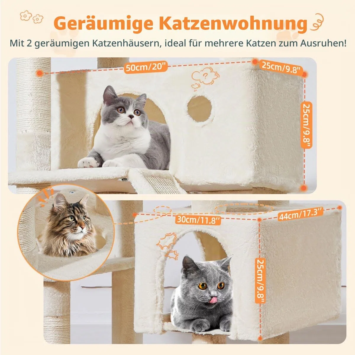 Taoqimiao 180CM Kratzbaum Groß, Katzenbaum Katzen Kratzbaum Grosse Katzen Stabil mit 2 Katzenhaus, Metallhängematte, Korb, 8 Kratzsäulen, Katzenkratztafel, MS026LM Beige