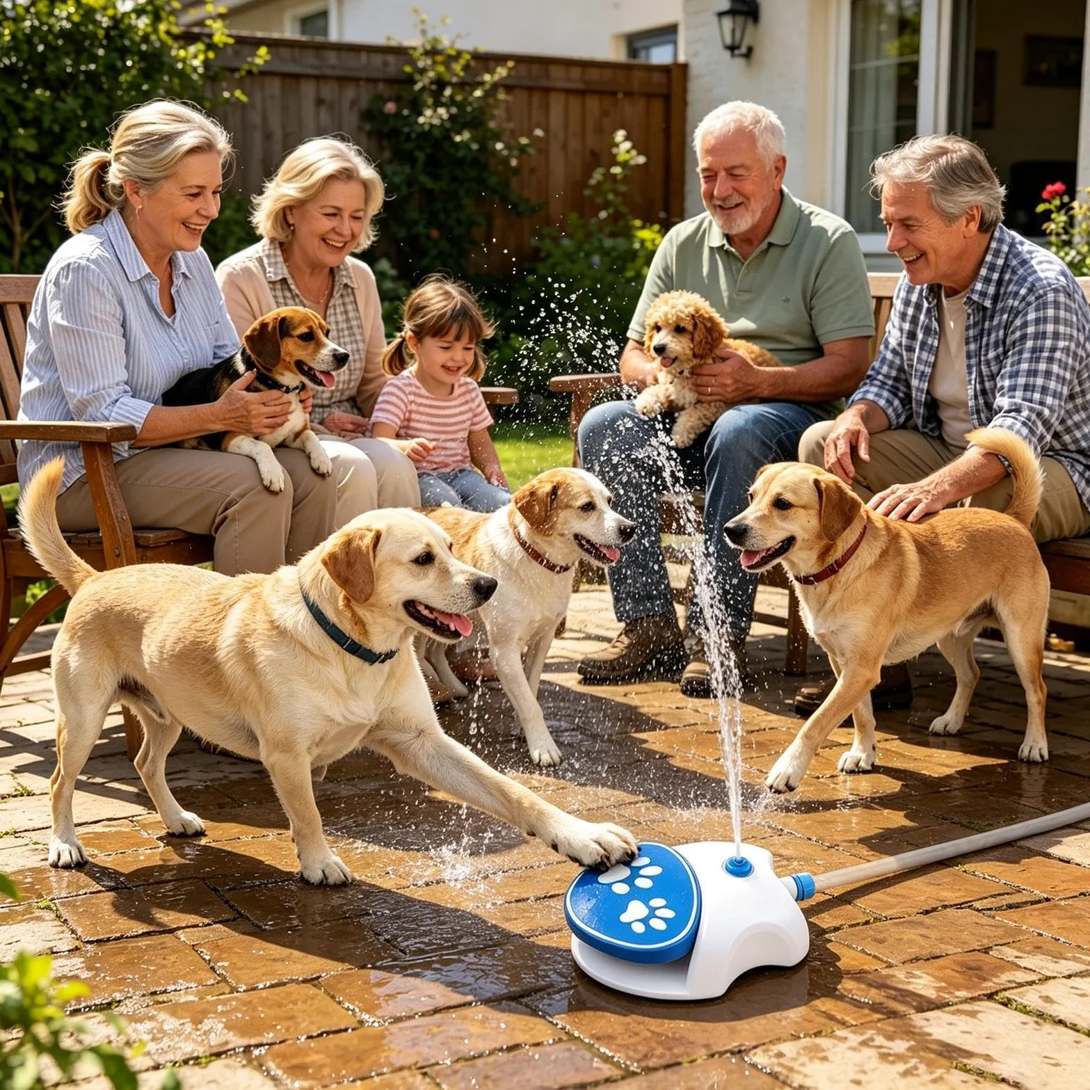 Wasserbrunnen für Hunde | mit interaktivem Spender und 1,62 m Schlauch | Sprinkler mit Pedal für Hunde | Außenbereich Garten Hof Rasen Balkon Sommer