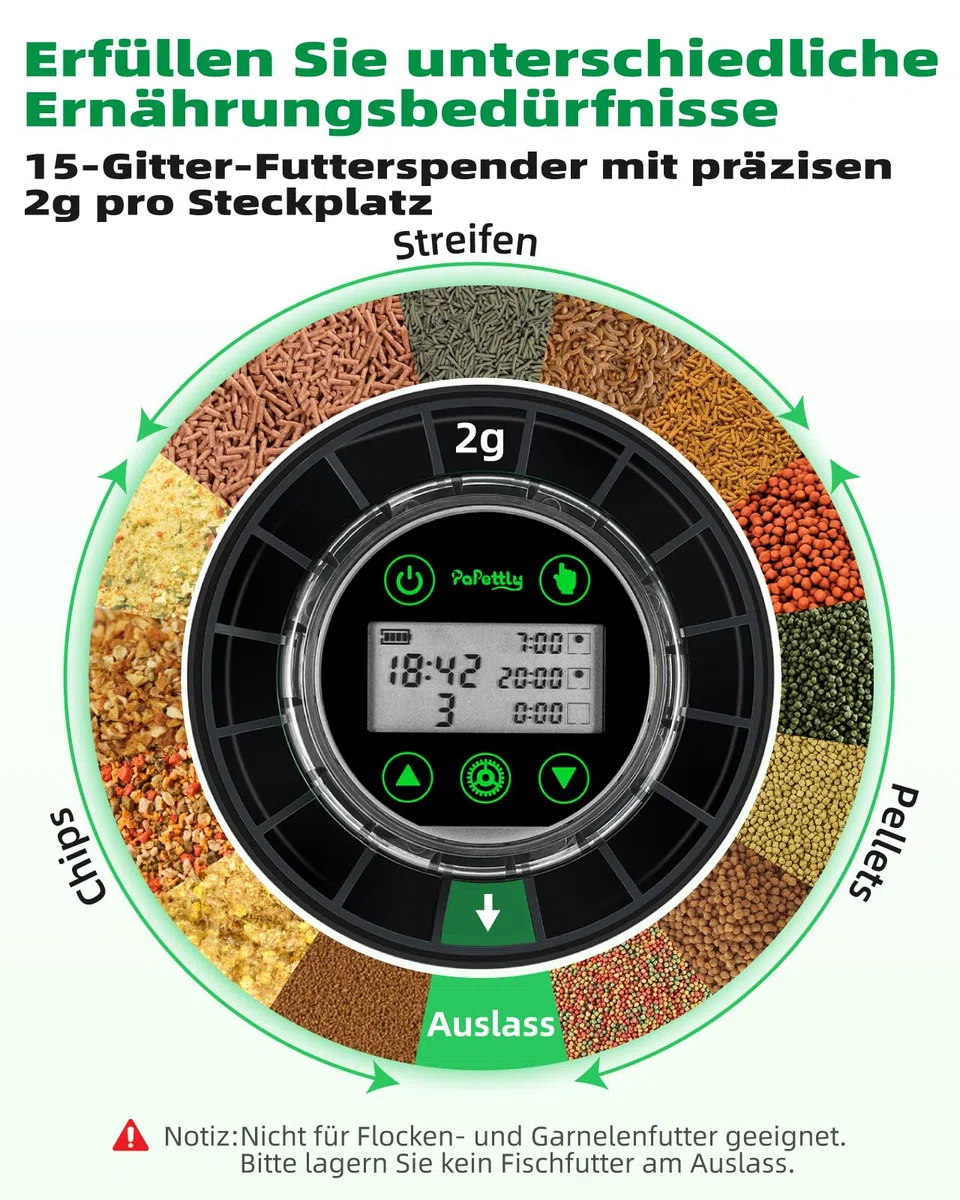Papettly Futterautomat Aquarium, Automatischer Fischfutterautomat für Aquarium mit Timer, Futterautomat, Wiederaufladbare Fische Fischfutterspender mit USB-Kabel LCD-Anzeige Fisch Futterautomaten