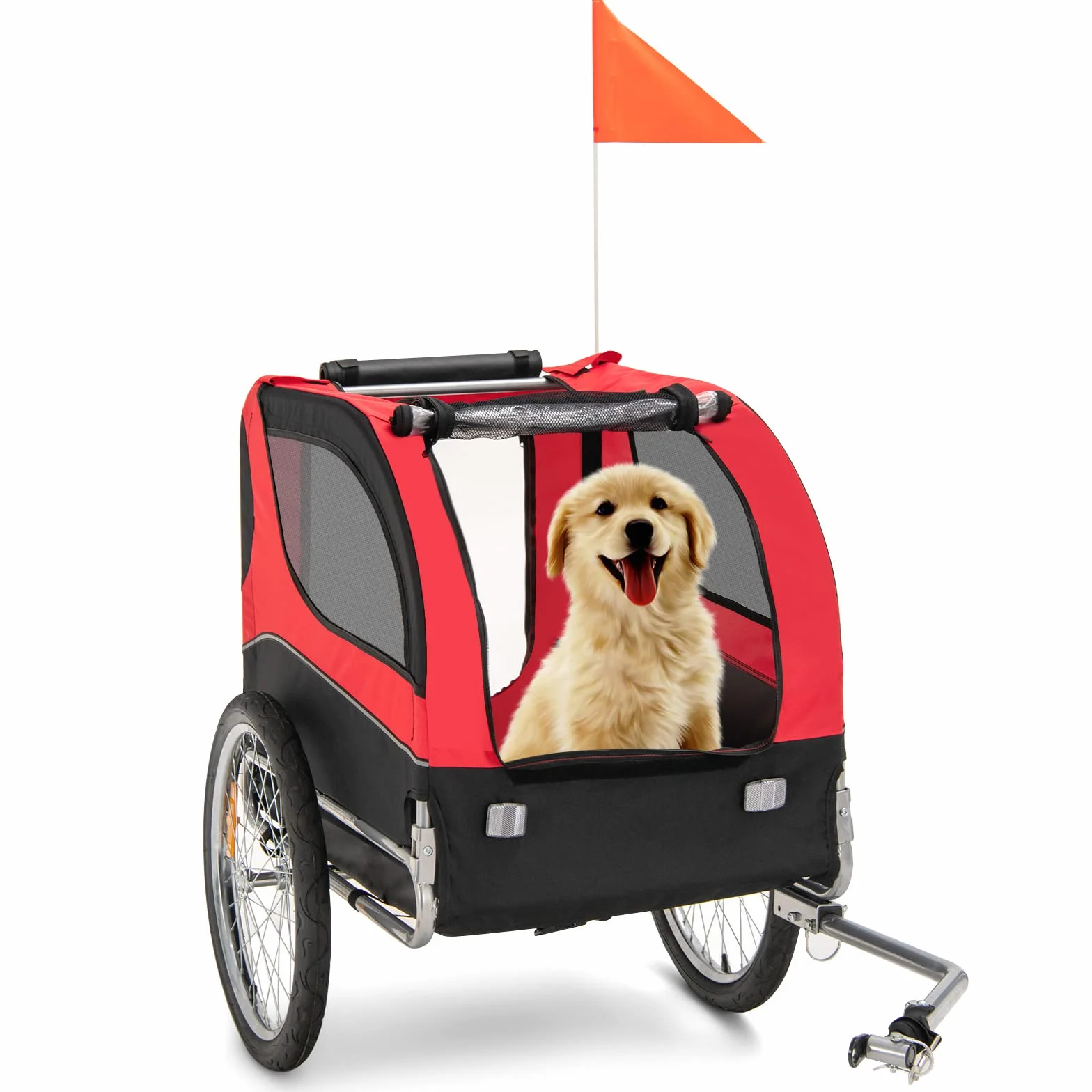 COSTWAY Hundeanhänger für Fahrrad, bis 40 kg belastbar, Fahrradanhänger für kleine & mittelgroße Hunde, Stabiler Hundebuggy mit 8 Reflektoren, Klappbarer Hundefahrradanhänger, Oxford (Rot)