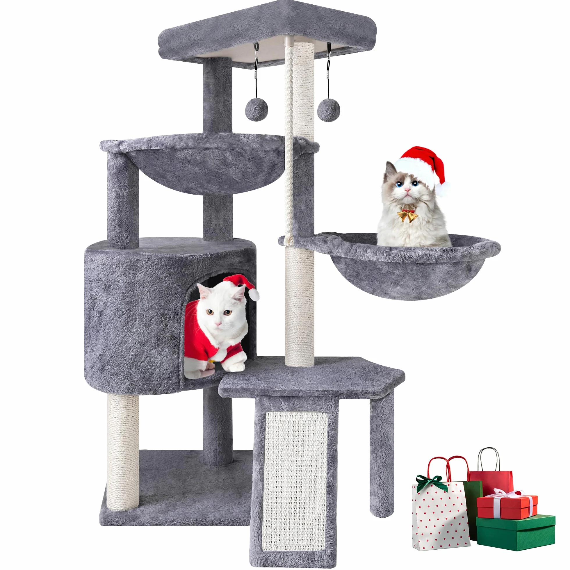 TWDEPART Kratzbaum für Katzen mit Aktivitätscenter, 95cm Kletterbaum Katzenspielzeug mit Spielzeugkugeln, Grau