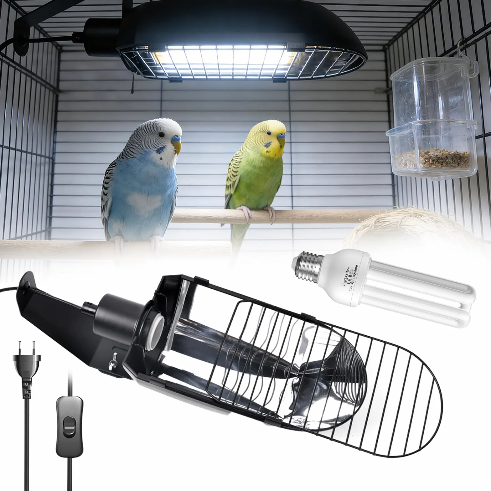 GlowUp UVB 2.4 Vogellampe Kombi-Set, tiefe U-förmige Lampenfassung mit 20W UVB Vogellampe E27 für Vögel