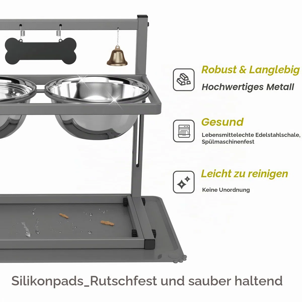 Grauer erhöhter Hundenapfständer mit zwei 1700 ml Edelstahl-Futternapf, einem langsamen Futterspender und Silikon-Haustier-Futtermatte, verstellbarer Hunde-Futterspender, erhöhte Hundenäpfe für große