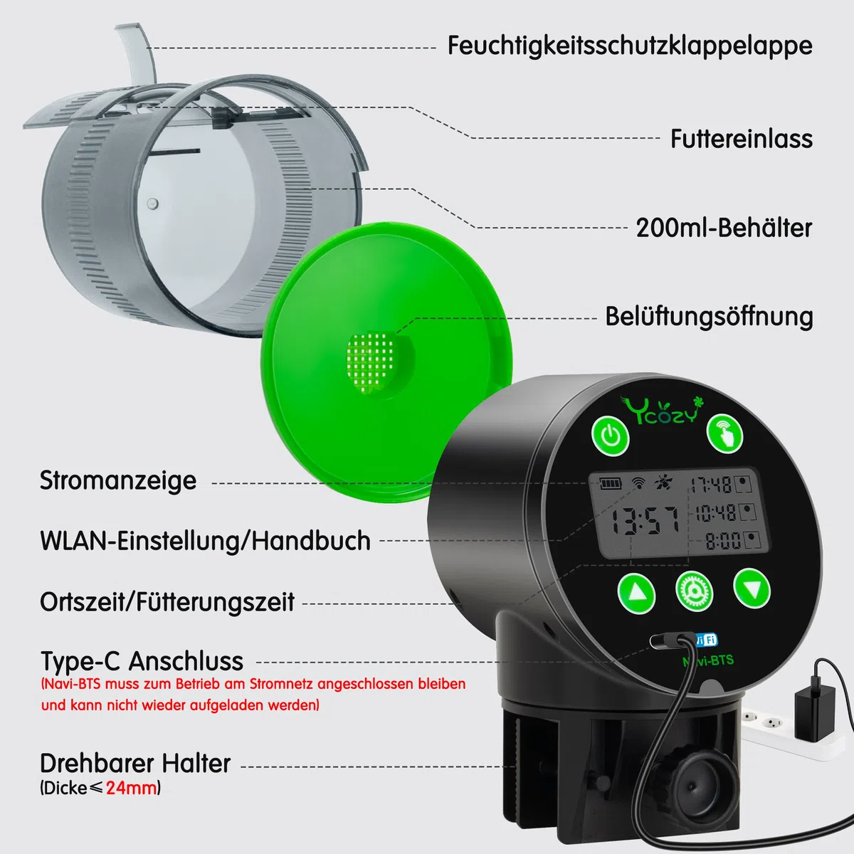 Ycozy WiFi Fischfutter Automat Aquarium, Futterautomat Netzteil mit Stecker & USB-C Kabel Fischfutterspender WLAN Gesteuerter mit APP Automatischer Fischfutterautomat für Aquarium Navi-BTS