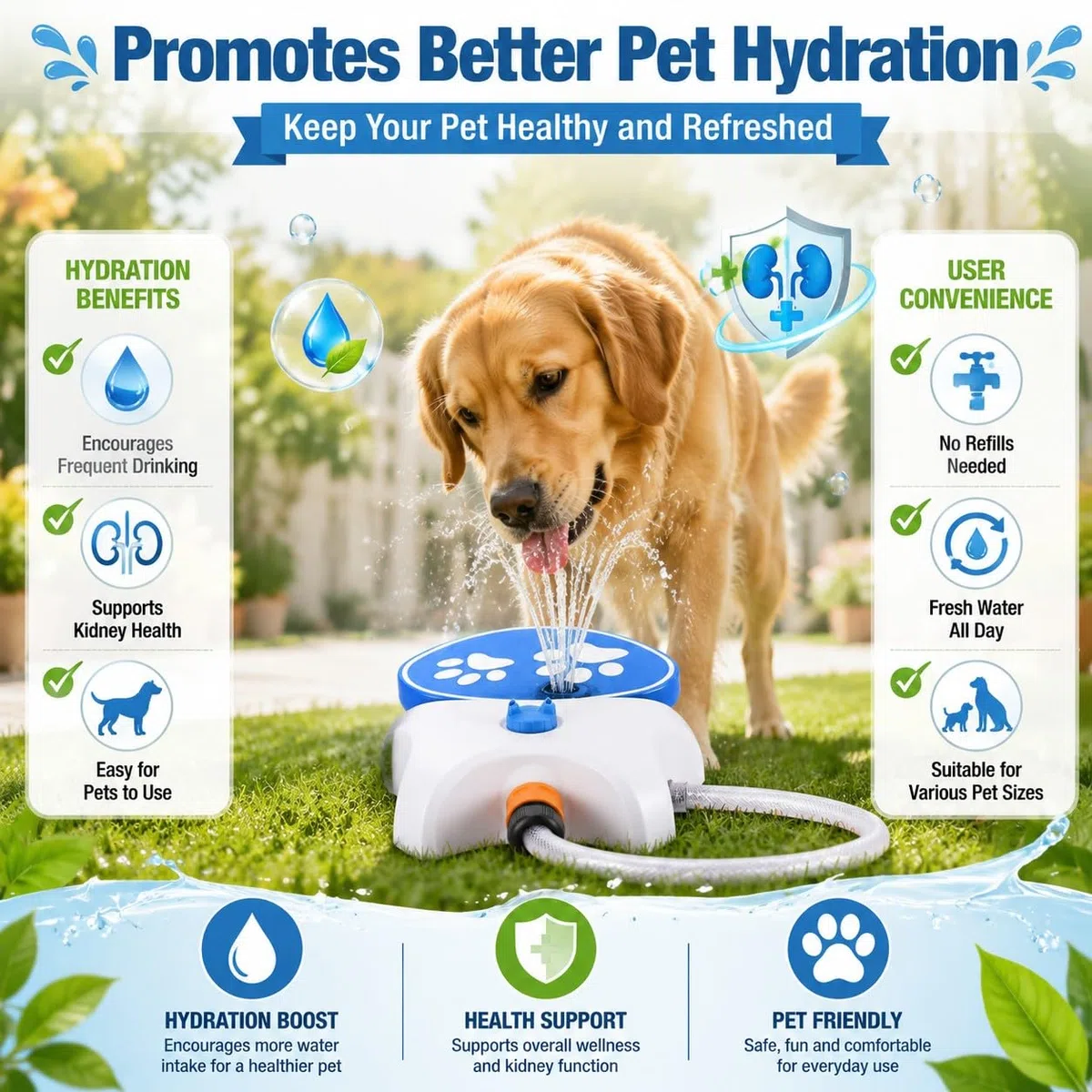Hundesprinkler für den Außenbereich, Hundewasserbrunnen, Step On aktivierter Hundewasserspender, Hundesprinkler, Trinkwasserspender mit Schlauch, Hundewasserspielzeug