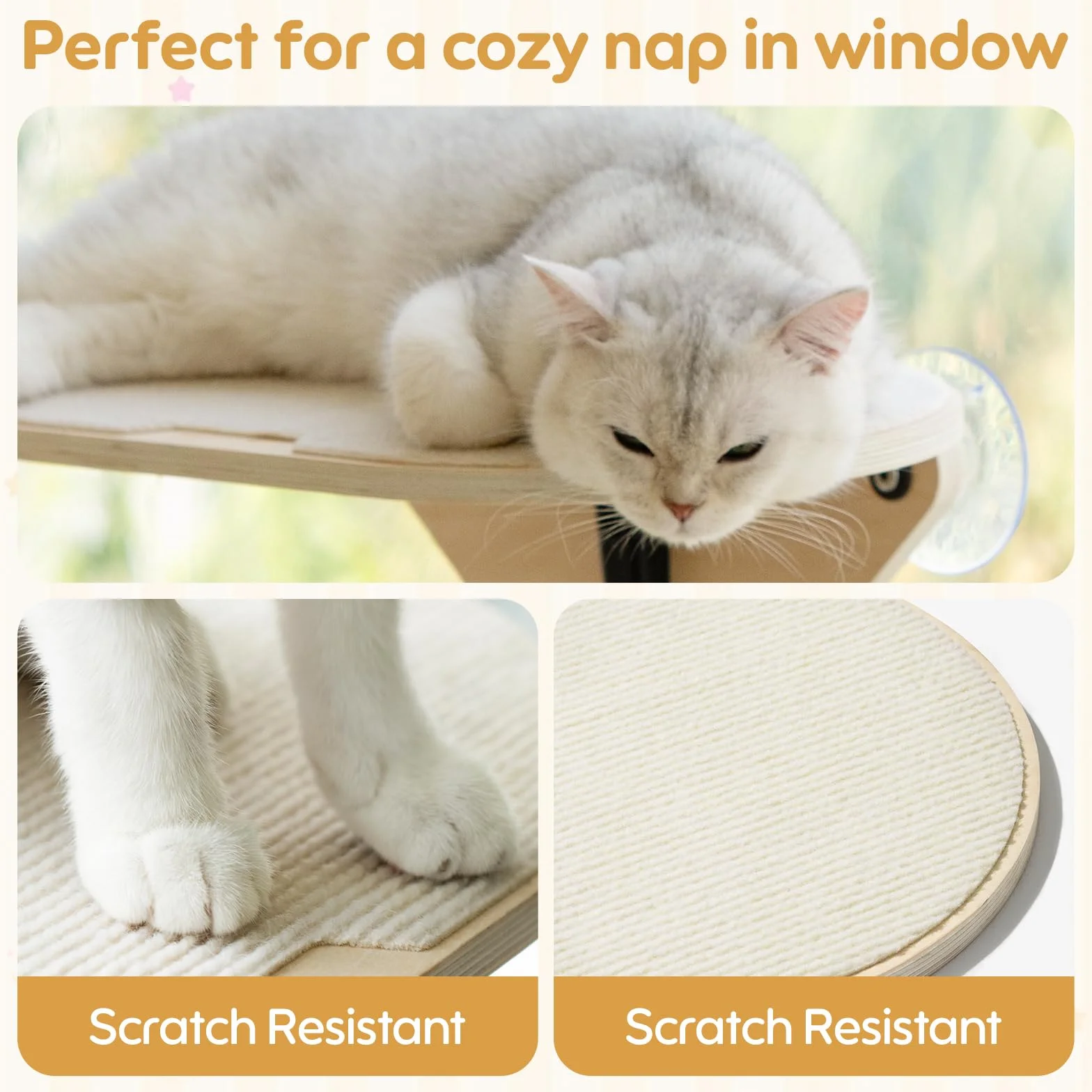 EDAGNY Katzenfenstersitzstange, Katzenkratzbaum und Katzenplattform mit starken Saugnäpfen für Hauskatzen (Grundfarbe, 3 PCS Set)