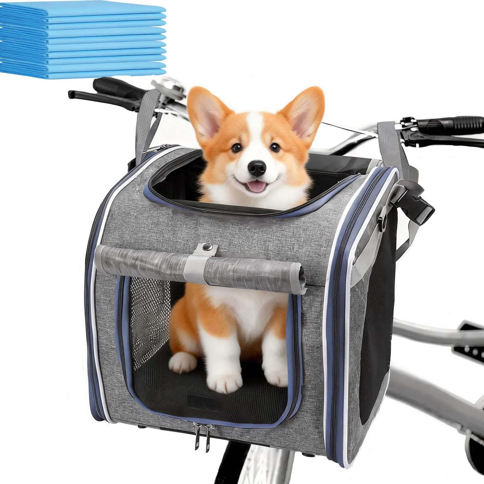 Hundefahrradkorb, Hundekorb Fahrrad Vorne Faltbarer Atmungsaktiver Hundefahrradkorb Rucksack Schultertasche Autositz mit 4-Mesh-Fenster für kleine Hundekatzen-Welpen