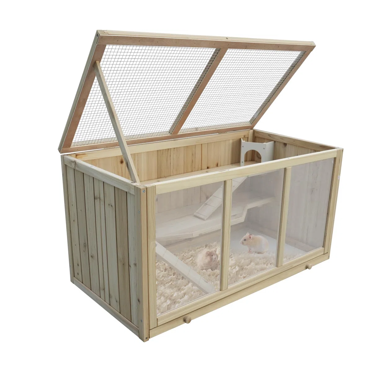 Hamsterkäfig aus Tannenholz, 94,5 x 48,5 x 49,5 cm, mit Plattformen, Leiter und Hütte