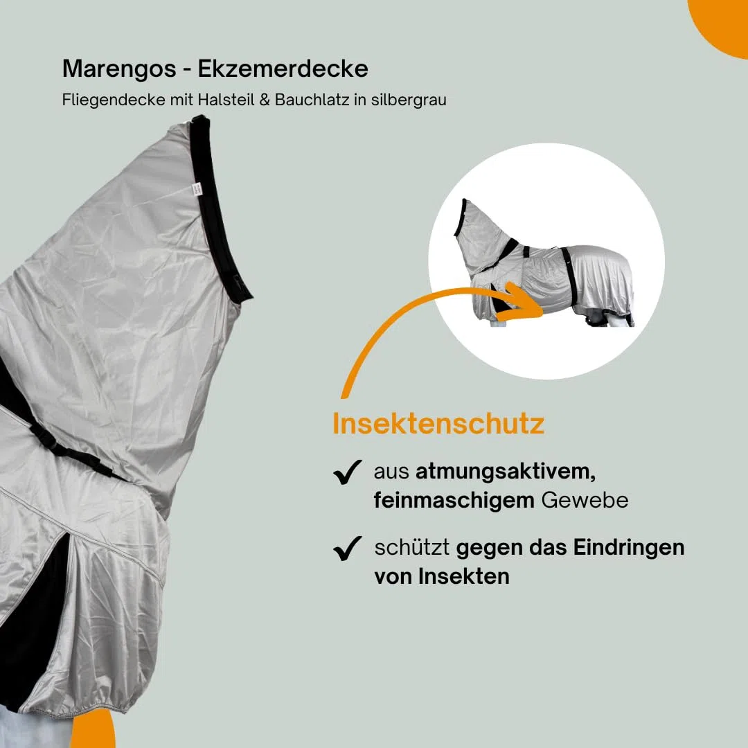 Marengos - Ekzemerdecke mit Halsteil & Bauchlatz – Fliegendecke aus feinmaschigem Gewebe – Schutz v. Insekten – doppelter Frontverschluss & Gehfalte – Pferdedecke in Silbergrau – 135cm