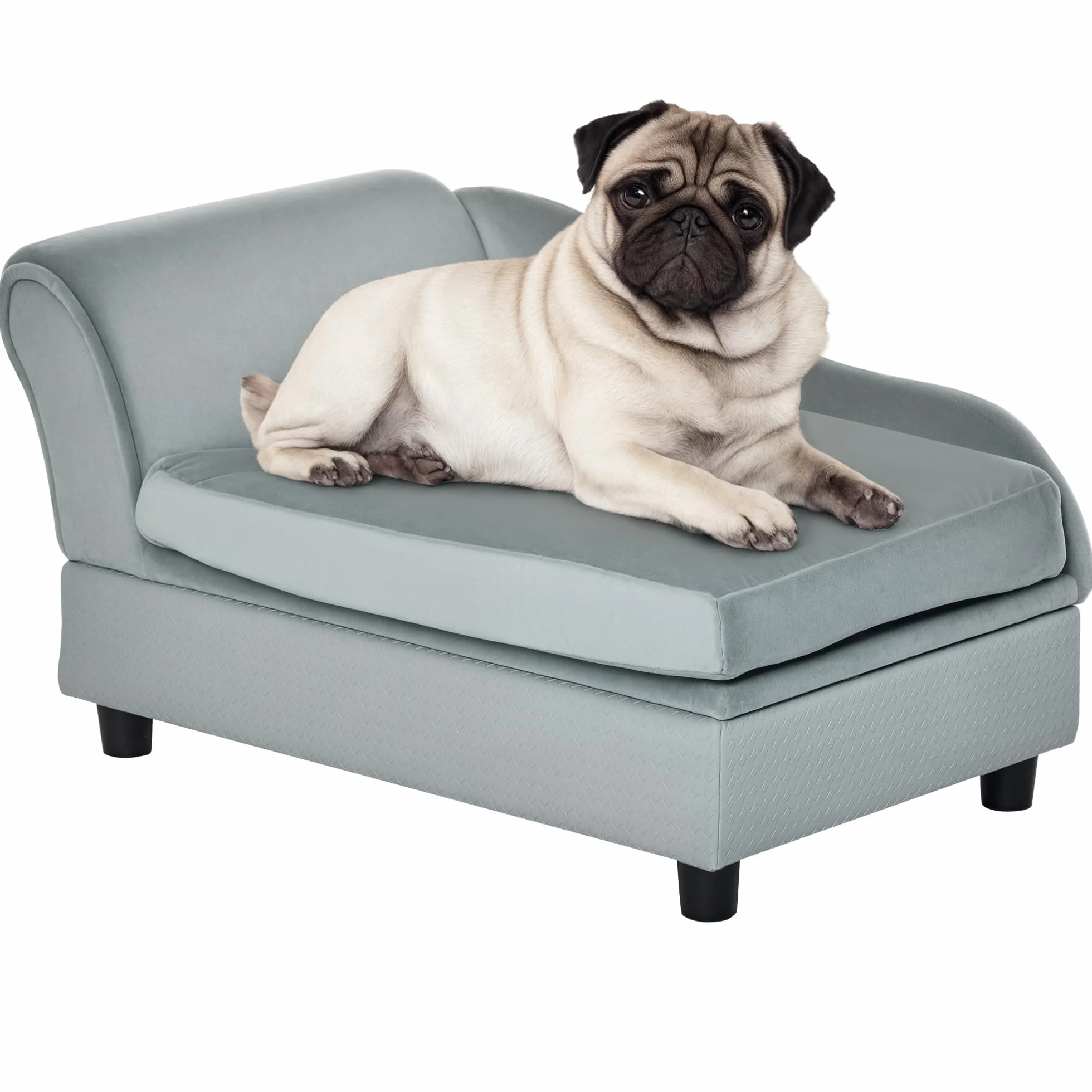 PawHut Hundesofa Hundebett Hundecouch aus Plüsch mit Lagerraum, Rückenlehne, Kissen Katzensofa für kleine Hunde 76 x 45 x 43 cm Hellgrau
