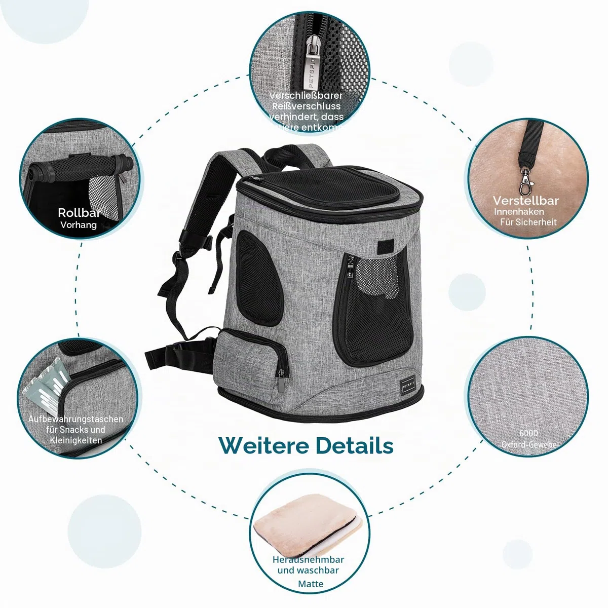 Petsfit Hunderucksack & Katzenrucksack für große Katzen bis 5kg - Leichter Katzen Rucksack mit Netzfenster, Brustgurt & Polster - Atmungsaktiver Rucksack für kleine Hunde, Grau