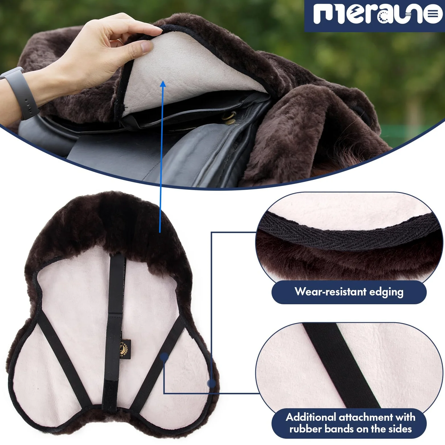 Lammwolle Sattelsitzbezug, aus Merino Lammwolle für optimalen Sitzkomfort, mit Einer regulierbaren Klettstrippe. Passend für alle englische Sättel. Farbe: Natur, Schwarz, Braun, Anthrazit.