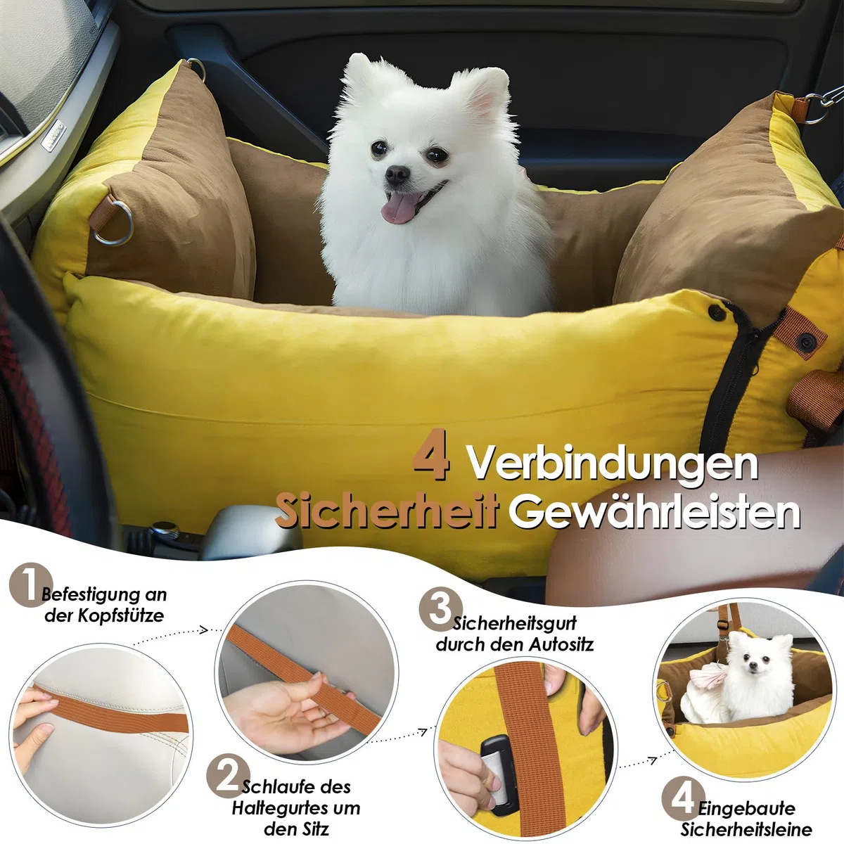 Hundesitz Auto für Kleine Hunde Unter 15KG, Tragbares Hundekorb mit Ausziehbarer Ruhebereich, Abnehmbarer und Waschbarer Auto Reise Hundebett mit Staufächern und Sicherheitsgurt