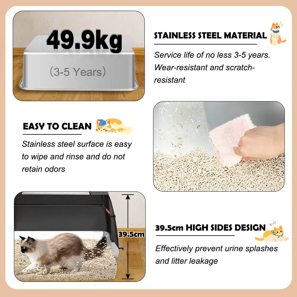 Vivifying Katzenklo Edelstahl mit Deckel, XL Leicht zu Reinigen und Geruchsresistent Katzentoilette Edelstahl, Rostfreier Stahl Katzenklo mit Pedals, Schaufel und Matte (Schwarz)