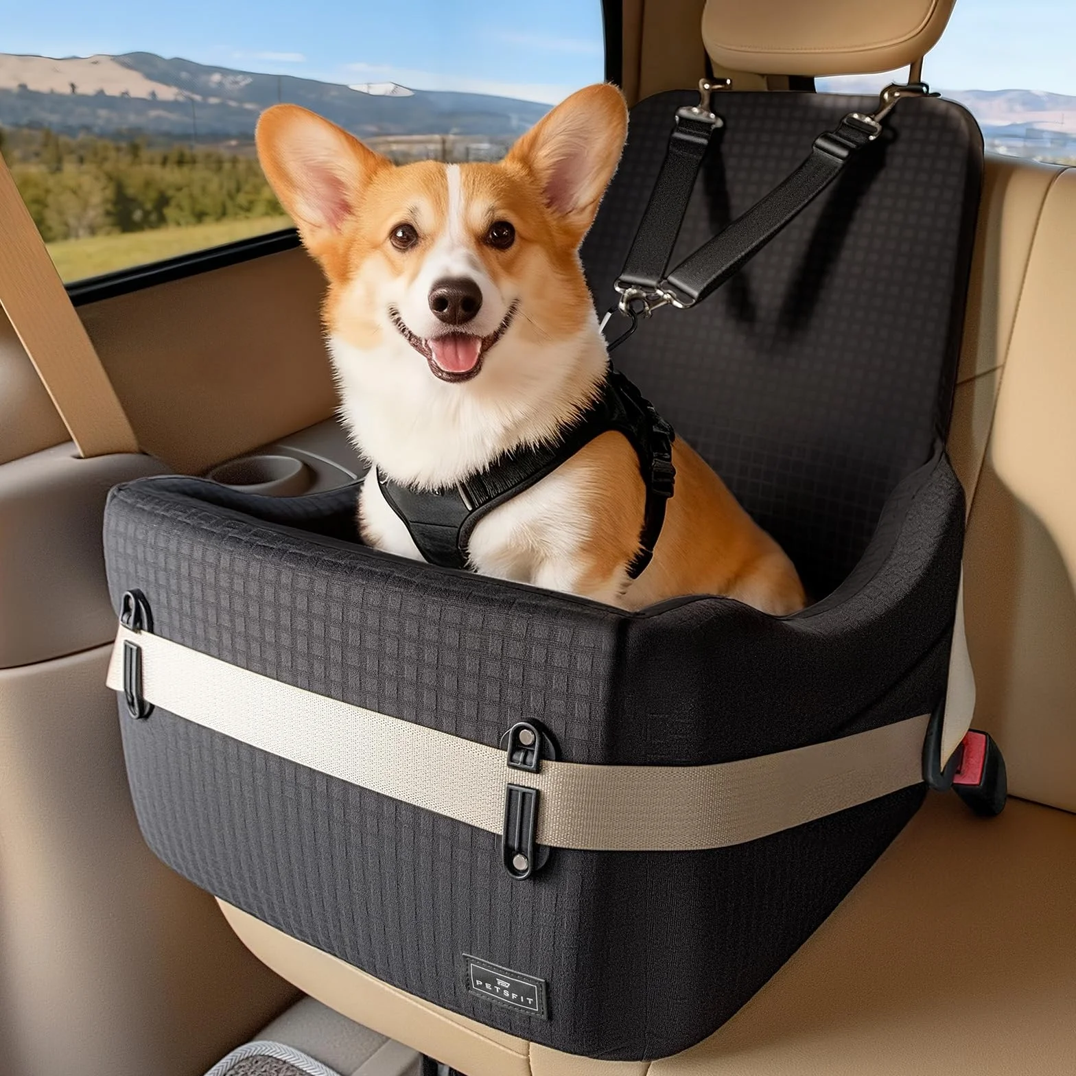 PETSFIT Hundesitz für Auto bis 15 kg – 13cm Memory Foam Booster, Sicherheitsgurt-System, abnehmbarer & waschbarer Bezug, Schwarz