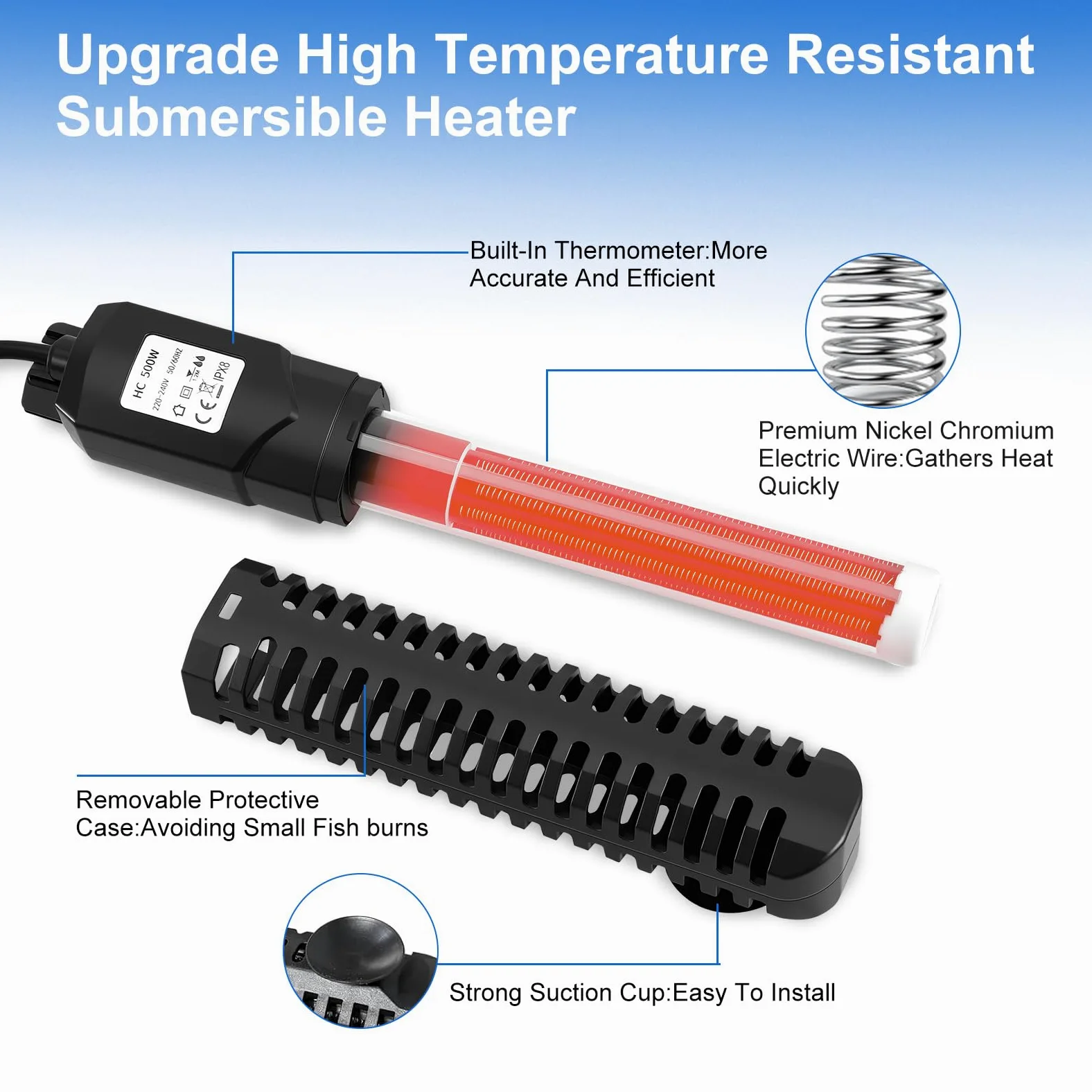 500W Aquarium Heizung, Temperatur Einstellbare Aquarium Heizer mit LED-Digitalanzeige, Saugnäpfen und Übertemperaturschutz, Thermostatheizung für Fischtanks und Aquarium 50L-400L (500W)