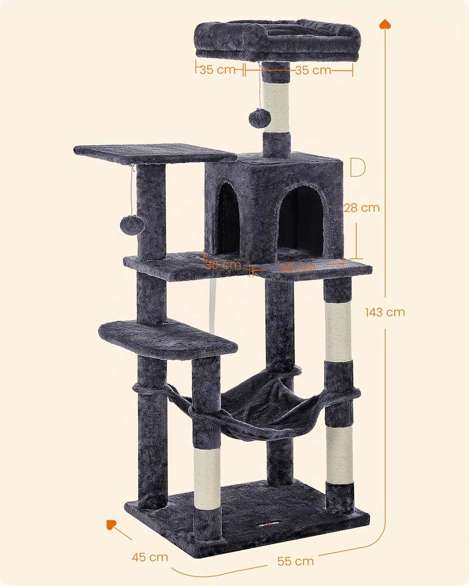 Feandrea Kratzbaum, 143 cm hoch, Katzenbaum, mehrstöckiges Katzenhaus, mit 4 Kratzsäulen, 2 Plattformen, Hängematte, Höhle, rauchgrau PCT161G01