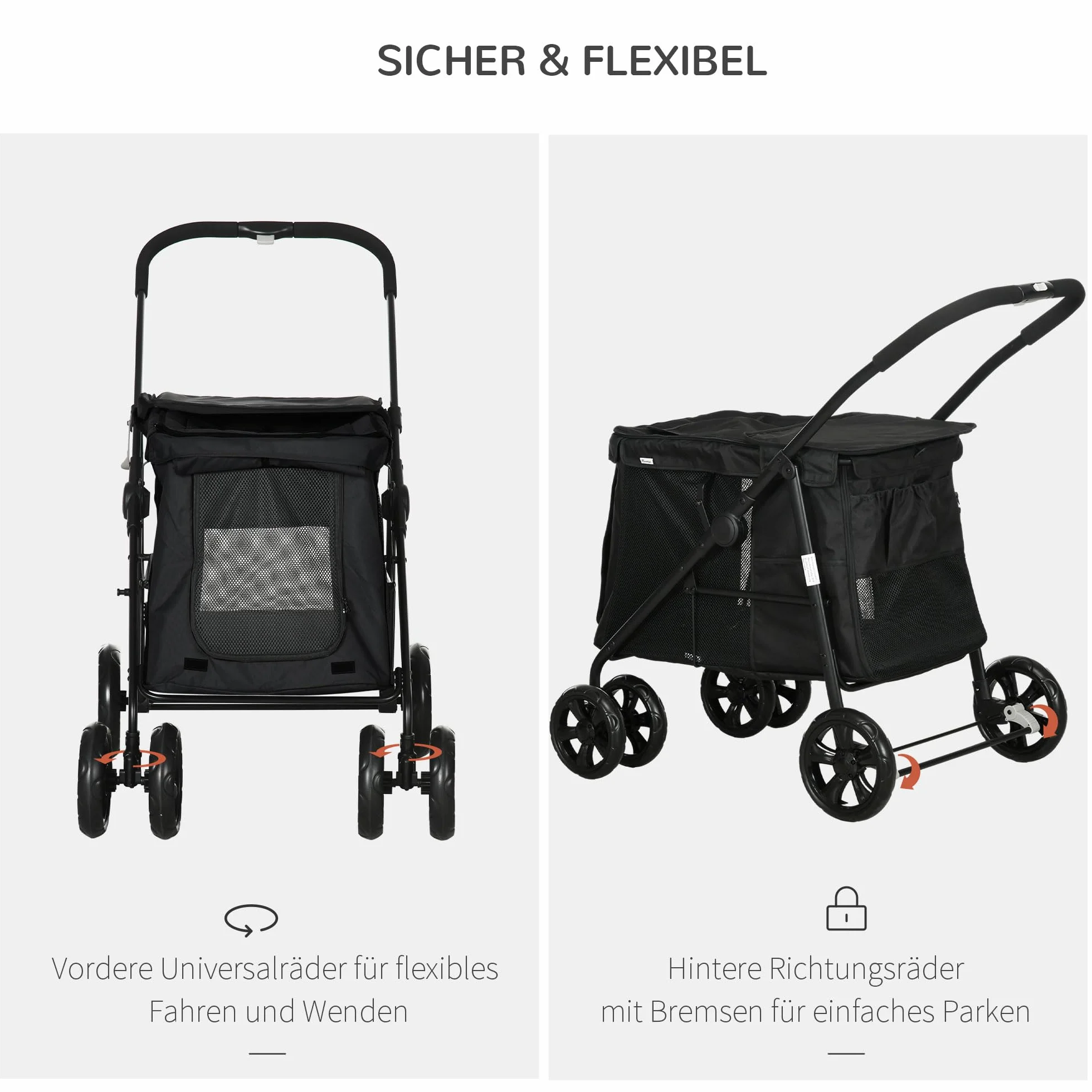 PawHut Hundewagen, faltbarer Hundebuggy, Hundetrolley mit Kissen, Katzenbuggy bis 20 kg, Katzenwagen für kleine und mittelgroße Hunde mit Seitentaschen, Netzfenster, Oxford-Gewebe, Schwarz
