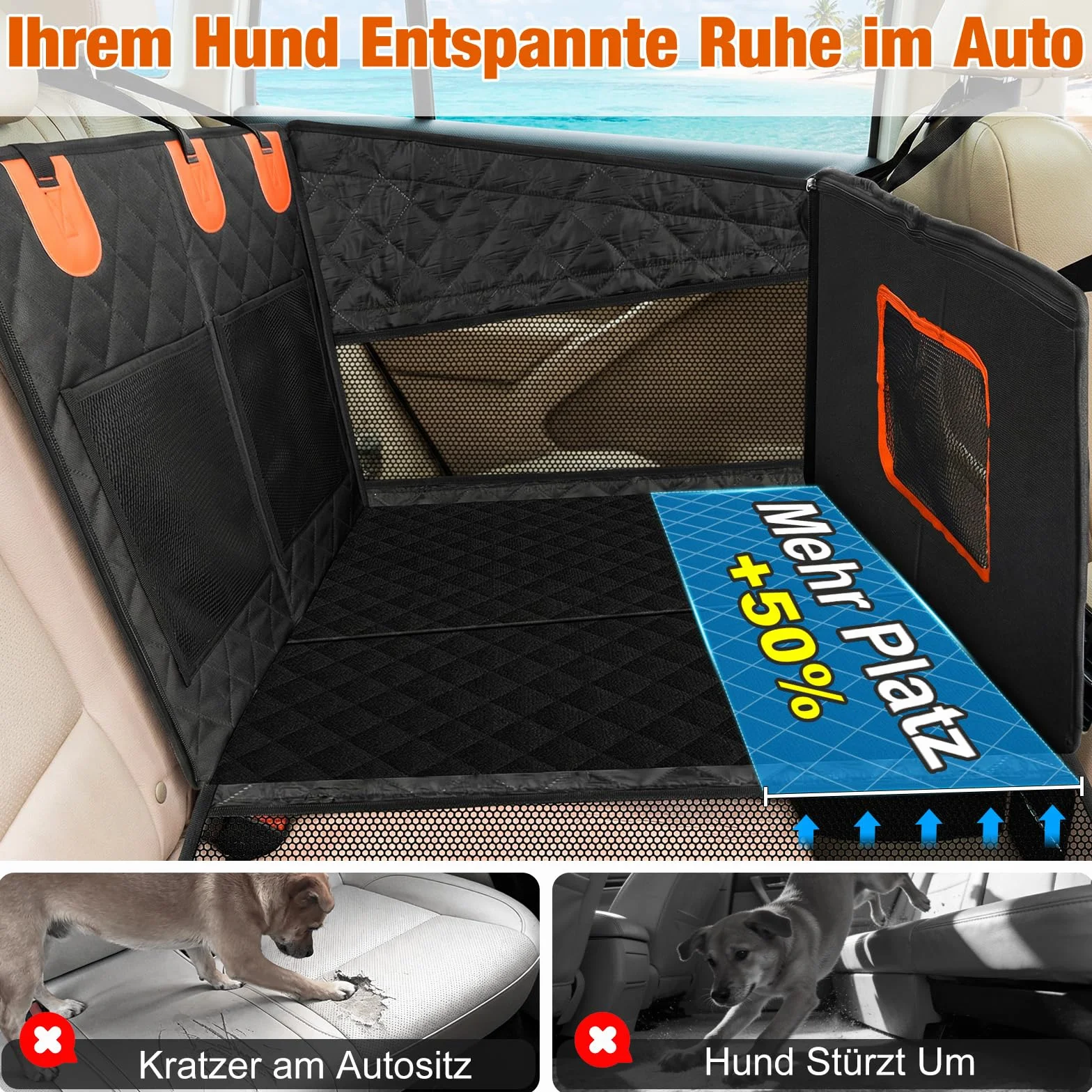 X XBEN Extra Stabiler Hunde Autositz, 50% Mehr Platz Hundesitz Auto Rückbank mit 3 Mesh-Fenstern, Hohe Tragfähigkeit Hundeautositz für Mittlere und Große Hunde, Wasserdicht Kratzfest rutschfest