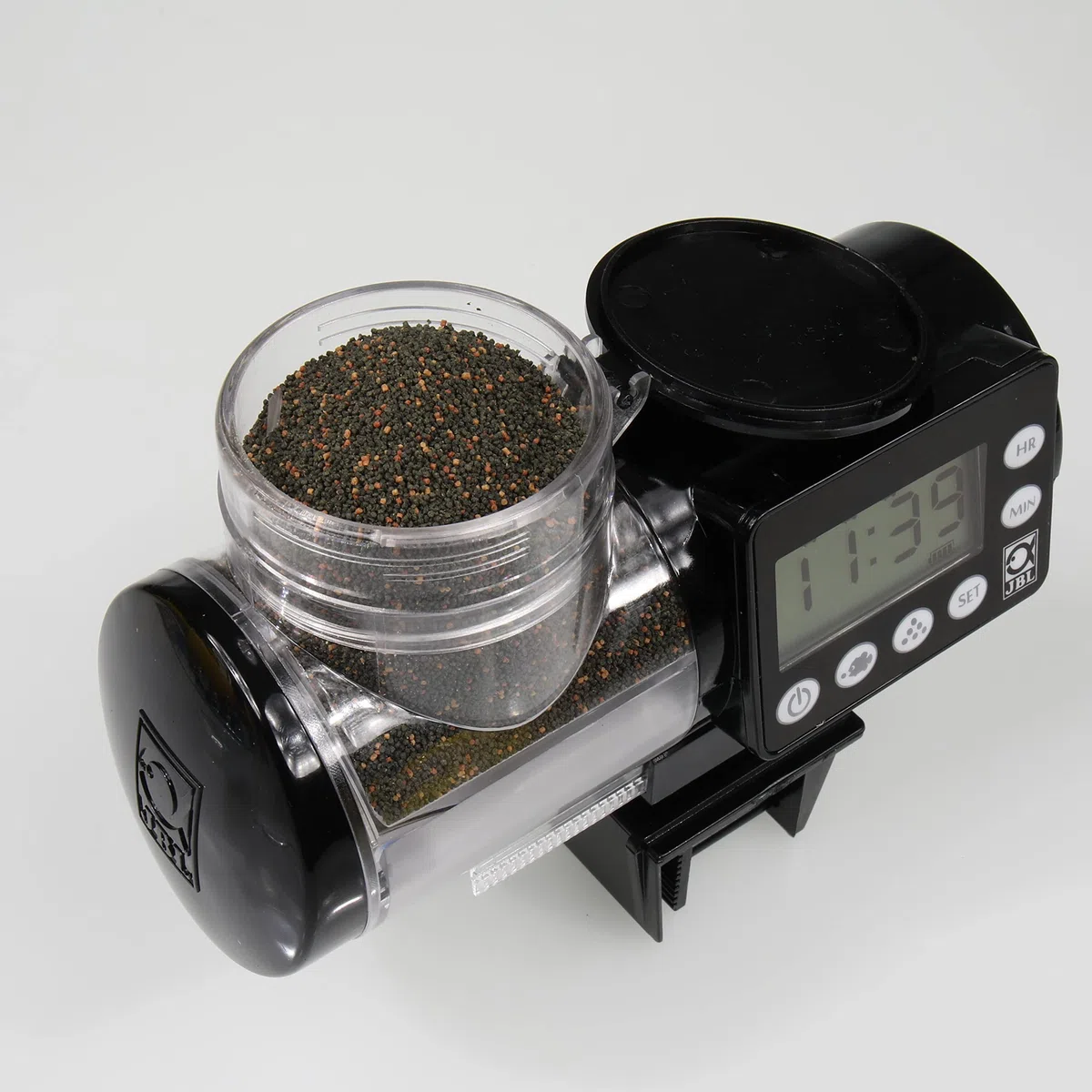 JBL PRONOVO AUTOFOOD, Futterautomat für Aquarium, Fütterung mit Fischfutter-Granulat bis zu 4x täglich, Inkl. Halterung und Adapterring zur Erweiterung des Volumens auf 375 ml, Schwarz