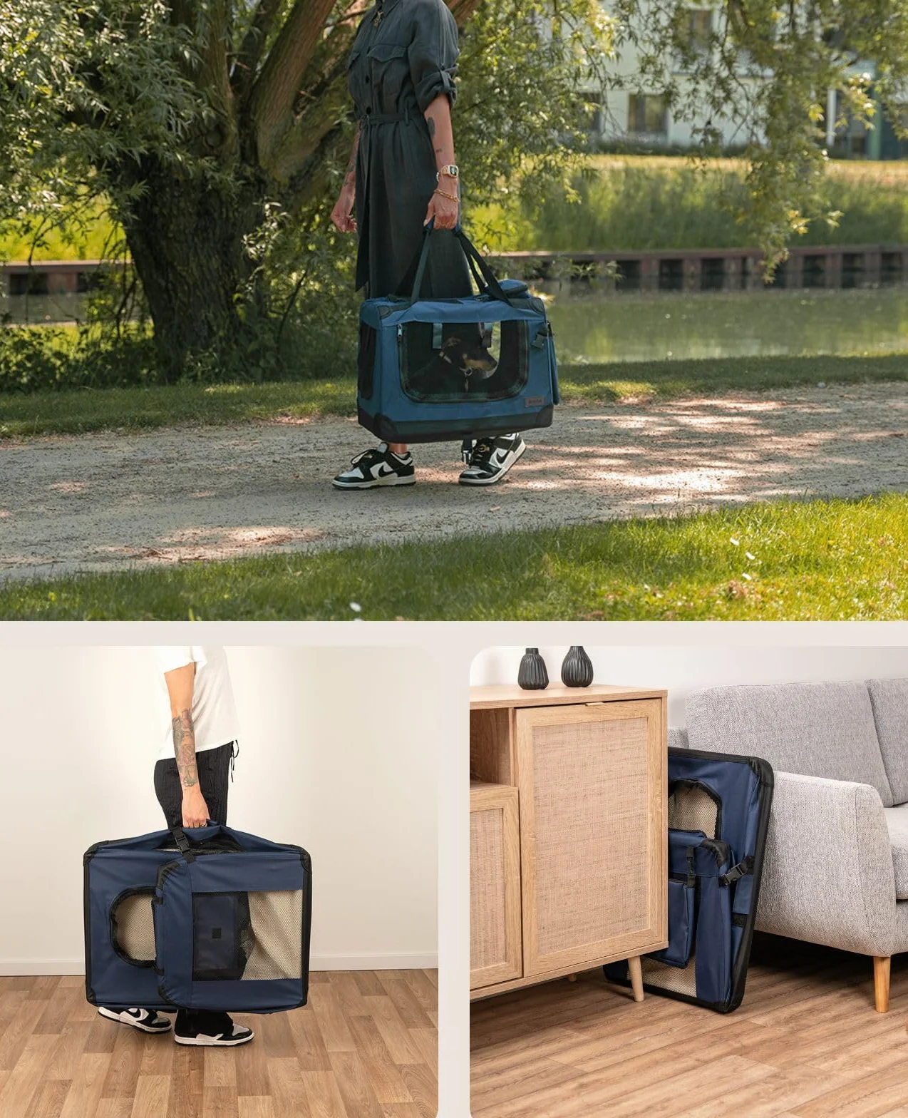 lionto Hundetransportbox faltbar für Reise & Auto, 50x34x36 cm, stabile Transportbox mit Tragegriffen & Decke für Katzen & Hunde bis 10 kg, robuste Hundebox aus Stoff für klein & groß, dunkelblau
