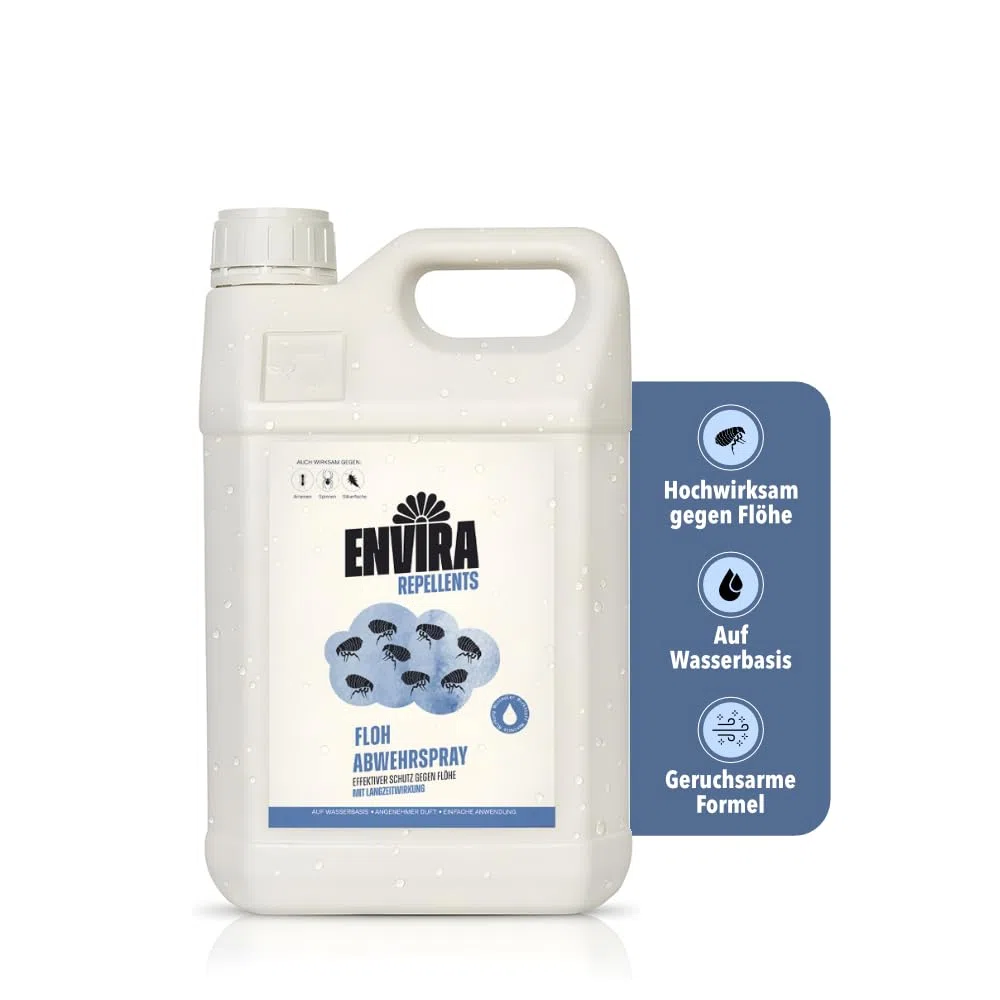 Envira Floh Abwehrspray 5 Liter - Spray mit Langzeitwirkung gegen Flöhe, Katzenfloh, Hundefloh - Mittel gegen Flöhe für Wohnung & Möbel - Effektives Flohmittel & Flohschutz