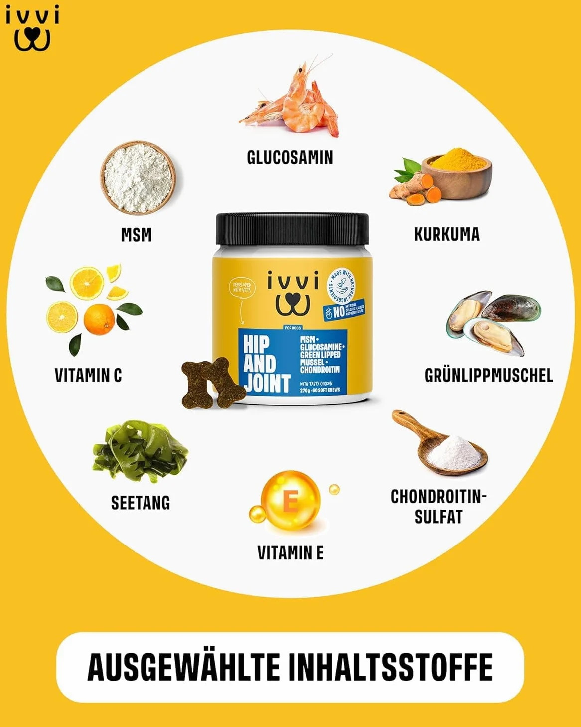 ivvi Hip & Joint - hochkonzentrierte Gelenktabletten für Hunde als Leckerli mit Grünlippmuschel Hund, Glucosamin, Chondroitin & MSM - 60 leckere Snacks (270g) mit Huhn