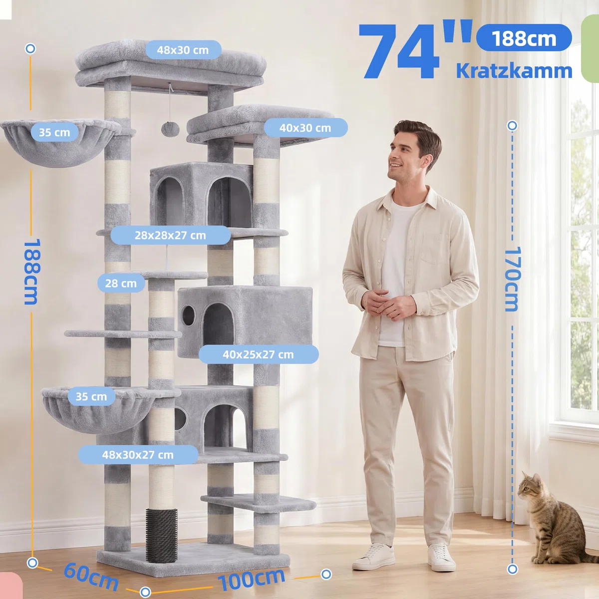 Hey-brother Kratzbaum, 188 cm Katzenbaum, XXL Kletterbaum mit 2 groß Plattform, 3 Höhlen, 2 Korb, Plüschbälle und Sisal Kratzbäume, mehrstöckiger Katzenkratzbaum, Hellgrau MPJ035-MW