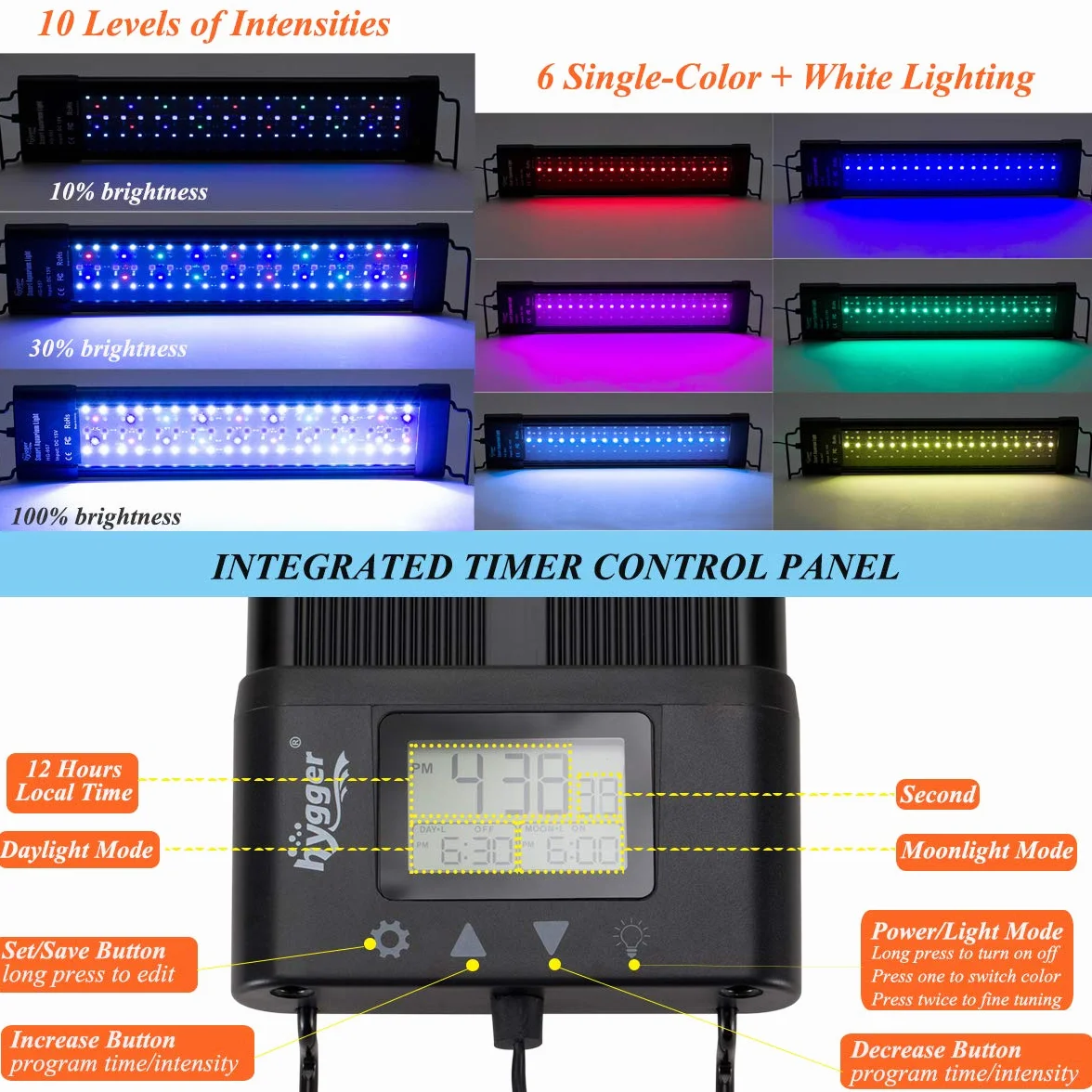 hygger Aquarium LED Beleuchtung,60W Vollspektrum Aquarium Beleuchtung mit LCD Einstellung, Sunrise Sunset Moon und DIY Modus, Einstellbare Timer Aquarium Licht mit 7 Farben für 91-106cm Aquarien