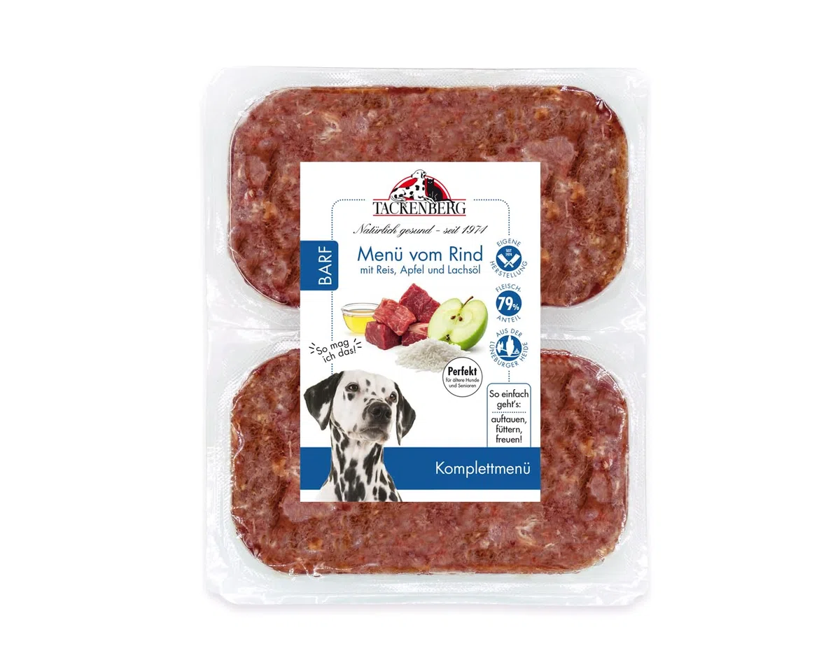 TACKENBERG Barf Menü mit Rinderfleisch, Reis, Apfel & Lachsöl für Hunde - 14 x 500 g - leckeres Frostfleisch als Hundefutter in Premiumqualität - ohne Zuckerzusatz - Gefrierfutter