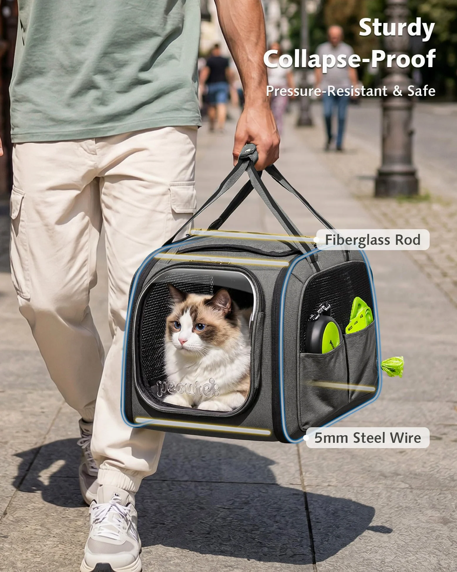 Pecute Katzentransporttasche mit Sichtfenster, atmungsaktiv, stabil, Grau L 46x36x34cm