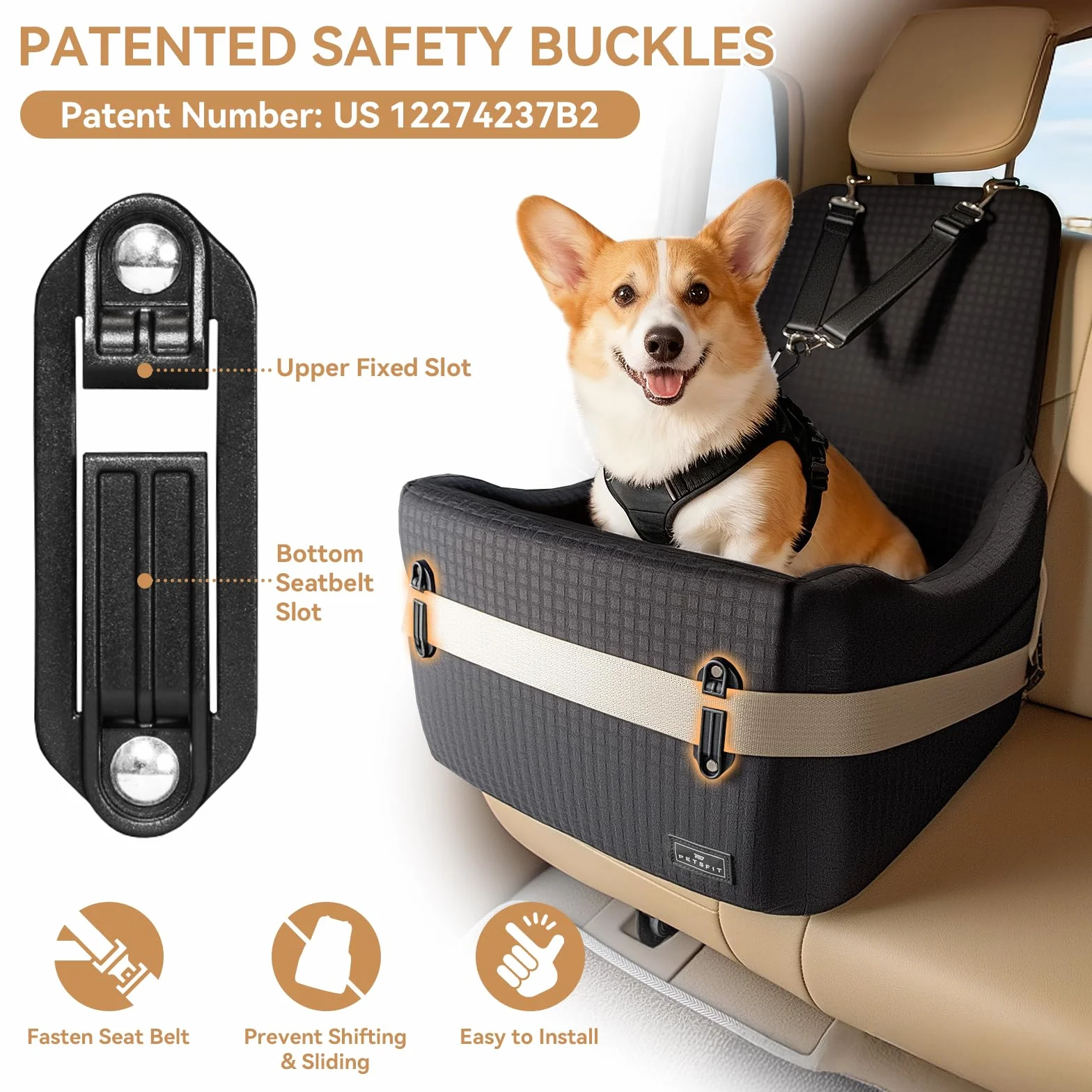 PETSFIT Hundesitz für Auto bis 15 kg – 13cm Memory Foam Booster, Sicherheitsgurt-System, abnehmbarer & waschbarer Bezug, Schwarz