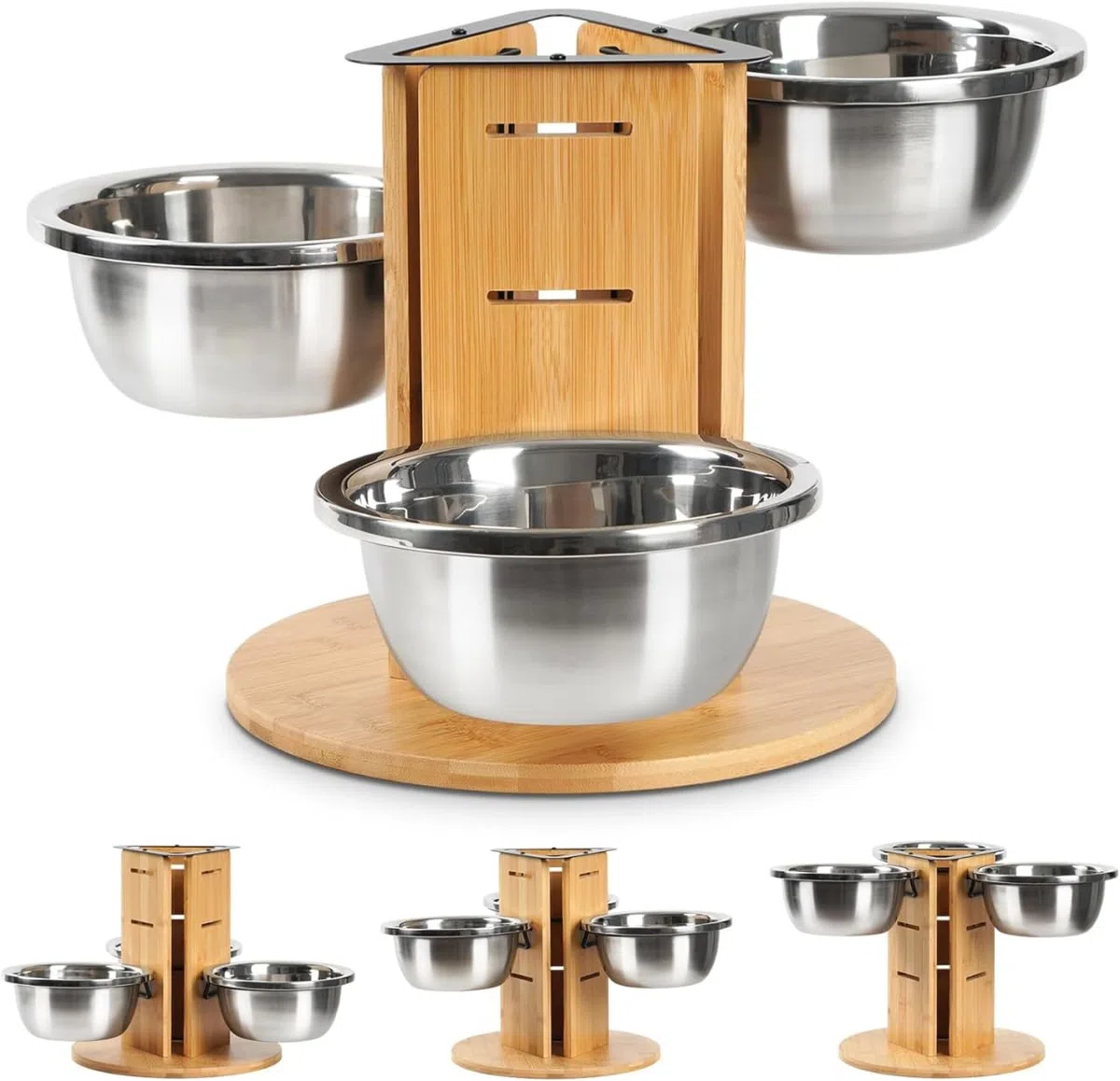Hundenapf Erhöht für Hunde, 3 Höhenverstellbar Hundenäpfe mit 3X1400ml Edelstahlnäpfen und Holz Dreiseitige Erhöhte Hundenapfständer Futternapf Futterstation Hunde Fressnapf