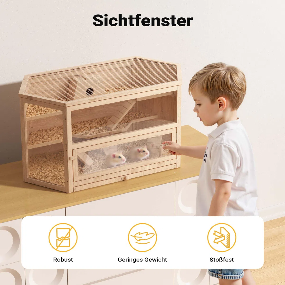 Wiltec XXL 3 Etagen Nagerkäfig, 6-eckig, 1150 x 600 x 580 mm, aus Holz, mit klappbarem Deckel & Sichtfenster, Kleintierhaus Mäusekäfig Hamsterkäfig