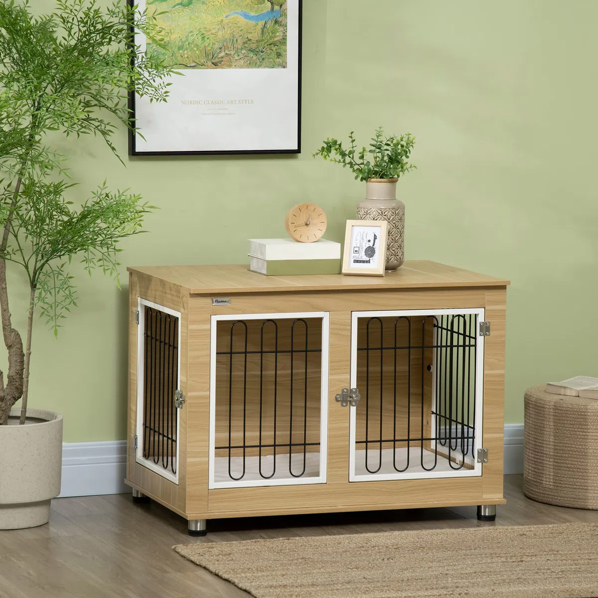 PawHut Hundekäfig Möbel mit 2 Türen Kissen 2 Verriegelungen Metall Hundebox für Zuhause Indoor Hundehütte für große Hunde bis zu 25 kg Beistelltisch Hundehaus 90 x 58 x 65 cm Eiche