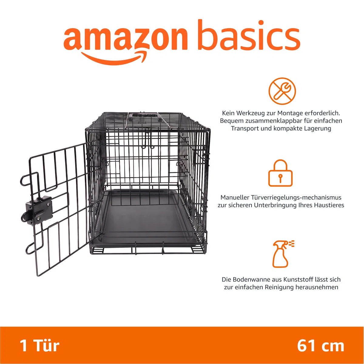 Amazon Basics Zusammenklappbarer Hundekäfig aus Metalldraht mit Bodenschale, Einzeltür, Schwarz, L 61 x B 46 x H 51 cm