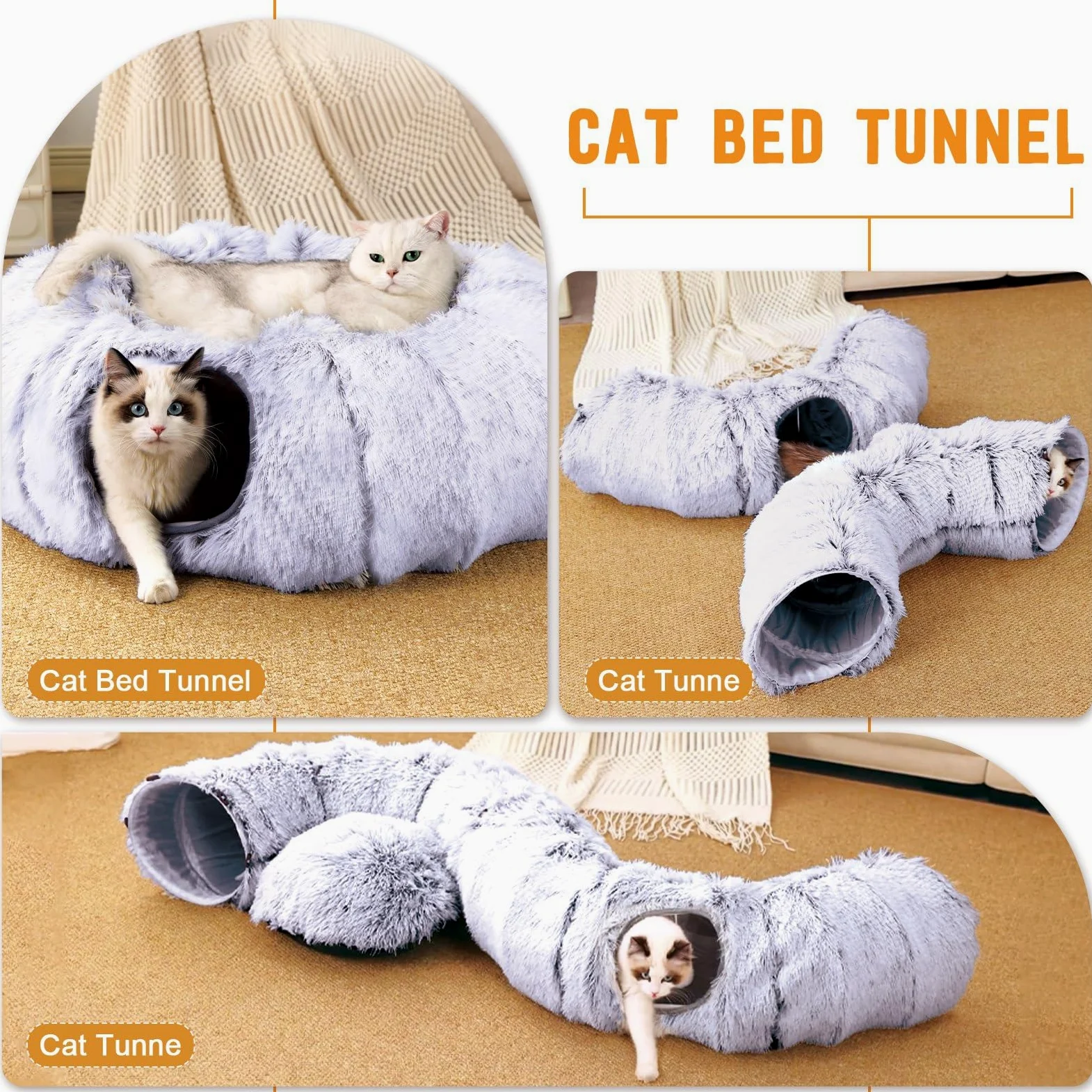 FURRYPAWS Katzentunnelbett mit 20 Spielzeugen, multifunktionaler Donut-Katzen-Spieltunnel, faltbar, Plüsch, Haustierhöhle, Versteck mit Blicklöchern und Ball, für Kätzchen, Kaninchen, Meerschweinchen
