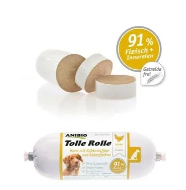 Anibio 8 x Tolle Rolle Huhn 400g | Getreidefrei | Nassfutter für Hunde | Single Protein | mit Süßkartoffeln und Kokosflocken | Ohne Zusatzstoffe | Glutenfrei | Geprüfte Qualität