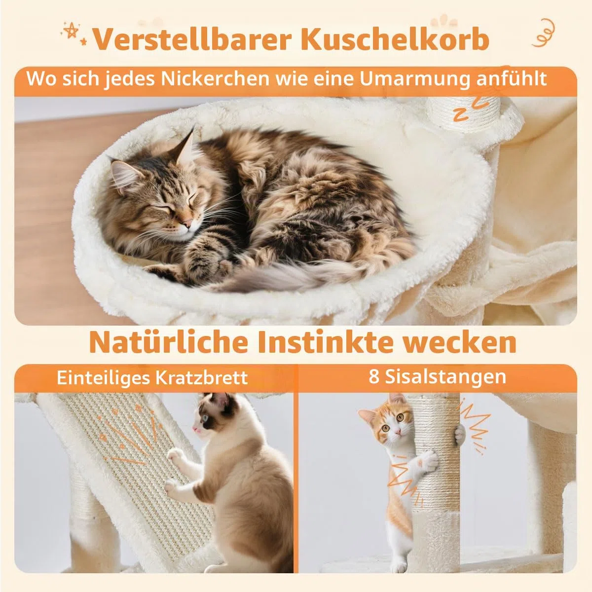 Taoqimiao 180CM Kratzbaum Groß, Katzenbaum Katzen Kratzbaum Grosse Katzen Stabil mit 2 Katzenhaus, Metallhängematte, Korb, 8 Kratzsäulen, Katzenkratztafel, MS026LM Beige