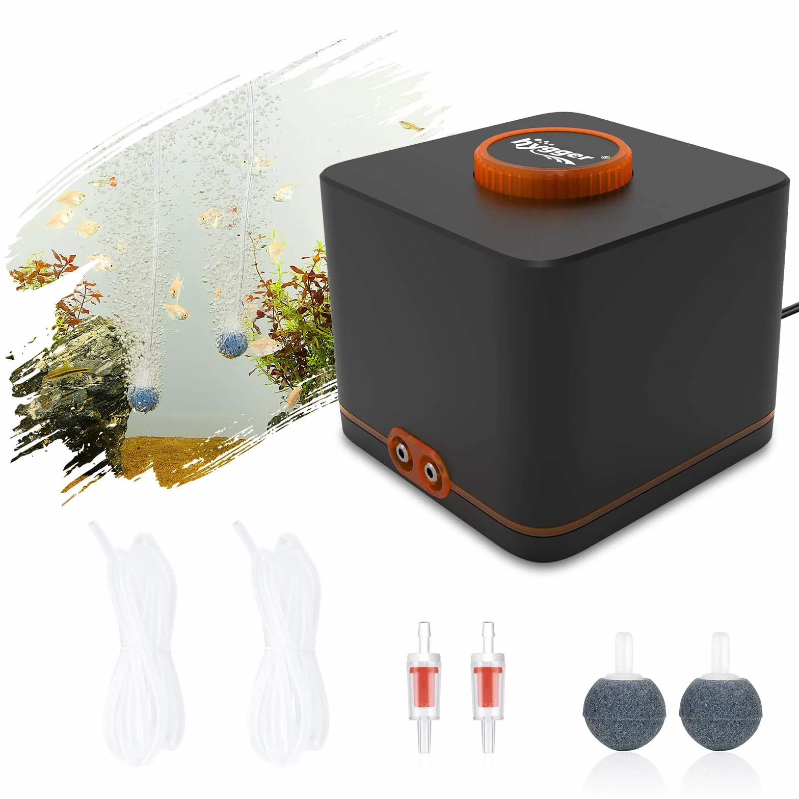 hygger Aquarium Luftpumpe, Aquarium Luftpumpe Extrem Leise für Aquarien mit 2 Luftauslässen, 4W Verstellbare Sauerstoffpumpe mit Luftschlauch,Prüfe Ventile,Ausströmerstein für Aquarien bis zu 1100L