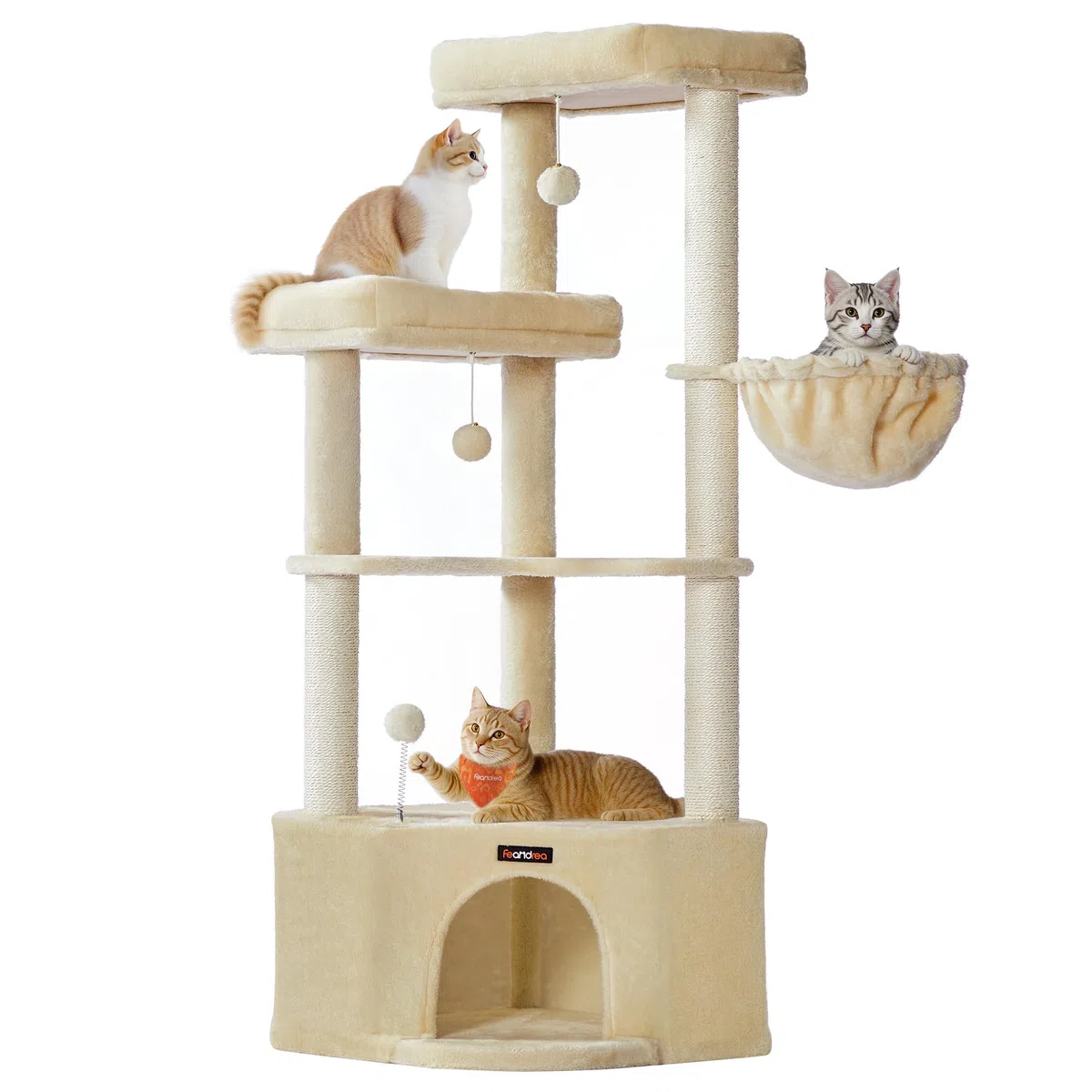 Feandrea Kratzbaum, Katzenbaum, 48,5 x 48,5 x 140,7 cm, Katzenkratzbaum mit großer Kuschelhöhle, großen Plattformen, Plüschbällen, Liegemulde, sandbeige PCT009Y01