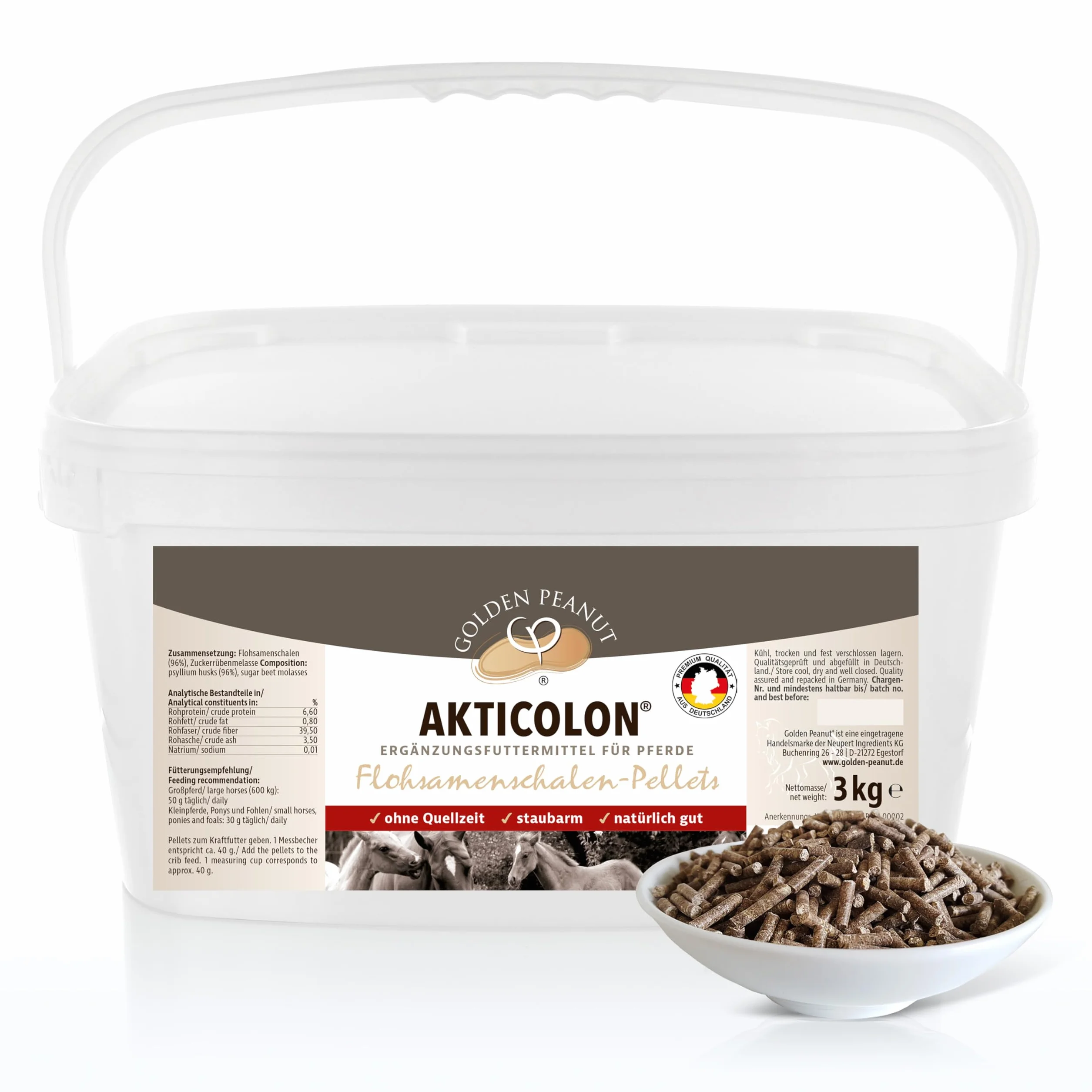 GOLDEN PEANUT Akticolon Flohsamen Pellets 3 kg - Flohsamenschalen pelletiert, Ergänzungsfutter für Pferde & Ponys - Das Original