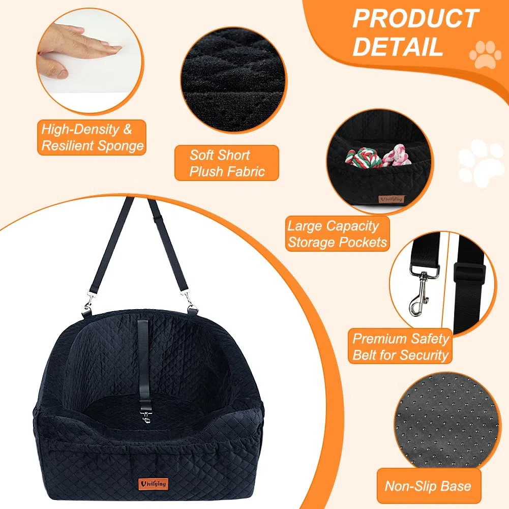 Vivifying Hundeautositz für kleine Hunde, abnehmbare und waschbare Sitzerhöhung für Haustiere bis zu 9 kg, Reisebett mit Staufächern und Sicherheitsgurt (Schwarz)