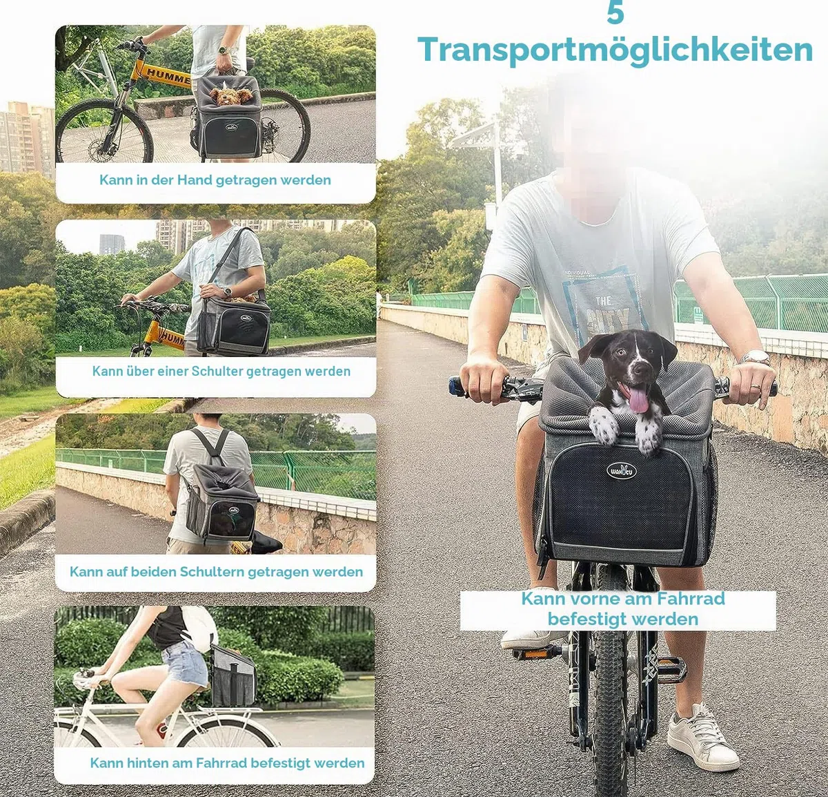 Wakytu Hunde Fahrradkorb Transporteur, Pet Bicycle Carrier Backpack für Fahrradtouren, reflektierende Streifen, Zwei Seitentaschen, Fahrrad Transportbox für Hundereisen mit kleinen Hunden