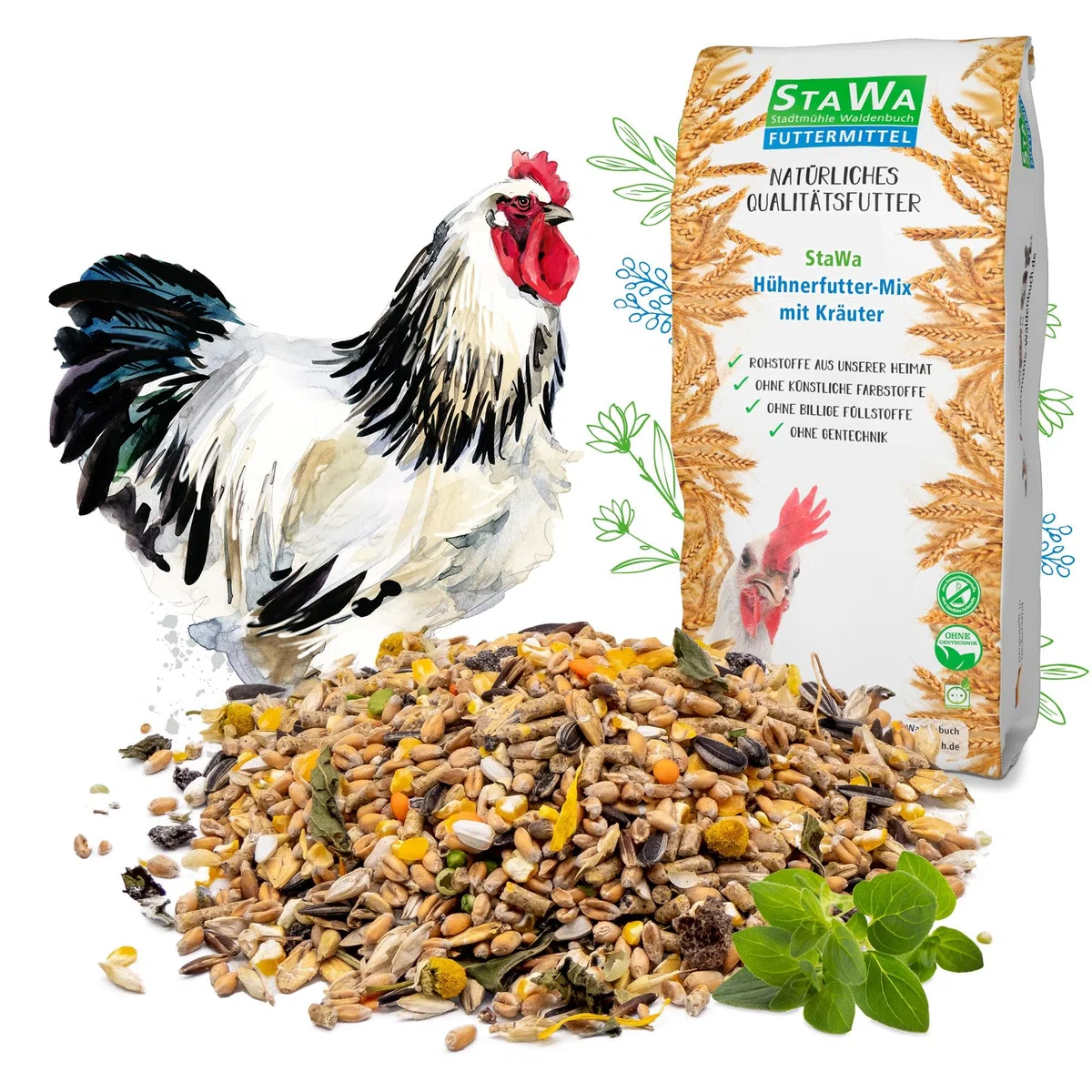 Hühnerfutter-Mix mit Kräuter, ohne Gentechnik, Alleinfuttermittel für Hühner, 25 kg