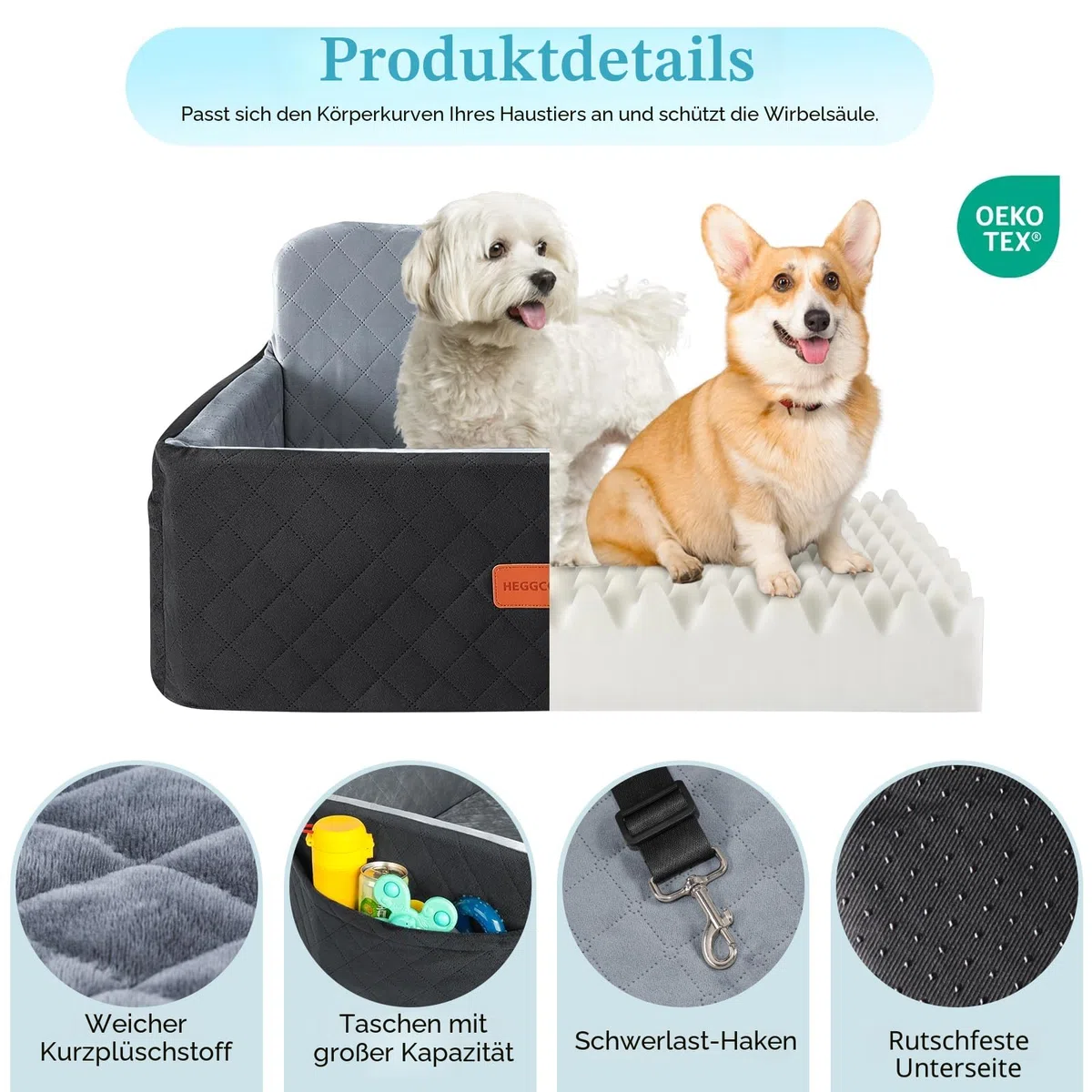 Hunde autositz für mittlerer/große Hunde, Hundeautositz für mittlerer oder 2 kleine Hund, Abnehmbarer & waschbarer Hundesitz Auto, Hundebett Auto für den Rücksitz mit 2 Sicherheitsleinen