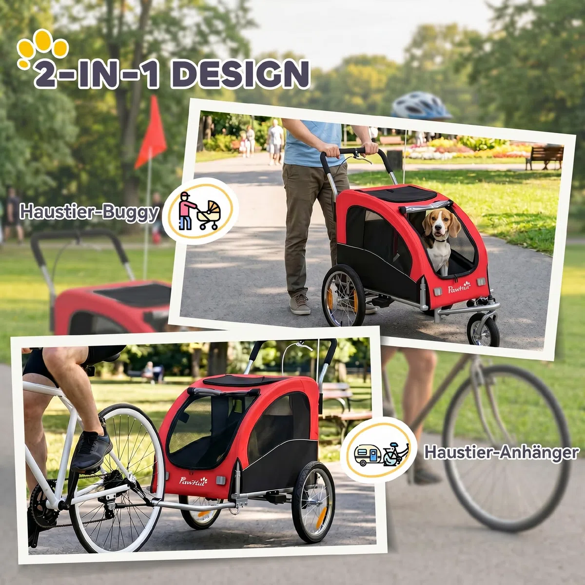 PawHut 2-in-1 Hundeanhänger für Fahrrad Hundebuggy für kleine & mittelgroße Hunde bis 20 kg Faltbarer Fahrradanhänger mit 600D Oxford, Reflektoren, Handbremse, Universelle Kupplung