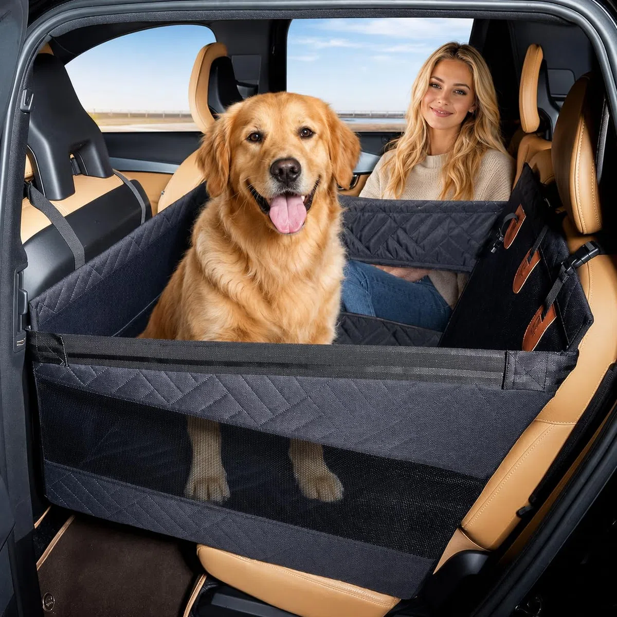 GOOGO Hunde Autositz für Rückbank, Wasserdichter Hundesitz Auto Rückbank mit Netzfenstern und 4 Befestigungsgurten, Hundekorb Auto Rücksitz für für Mittelgroße und Große Hunde (Schwarz)